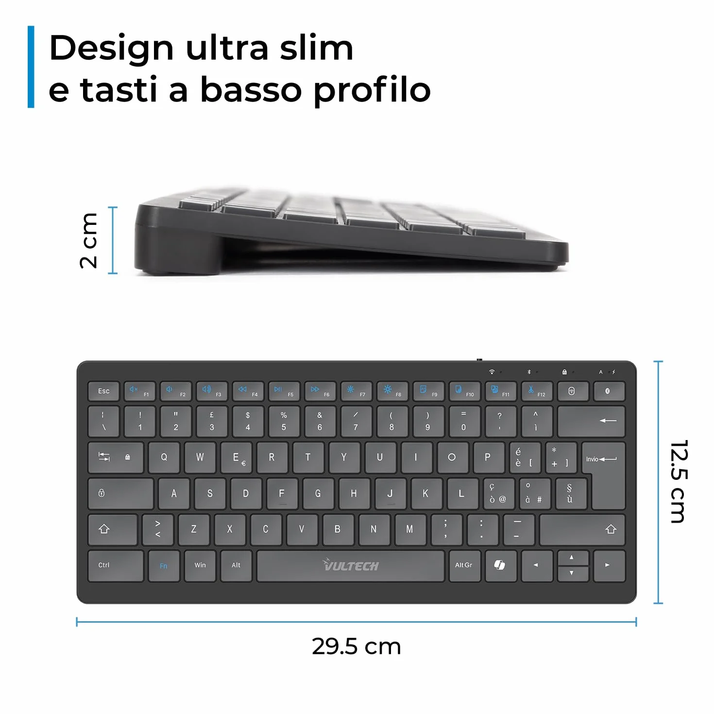 VulTech KEY-601WBT bezprzewodowa klawiatura Bluetooth do wielokrotnego ładowania 80/90 godzin ultradźwiękowy włoski układ. Ciche przyciski, 12 multimediów, kompatybilny z komputerem PC, Mac OS