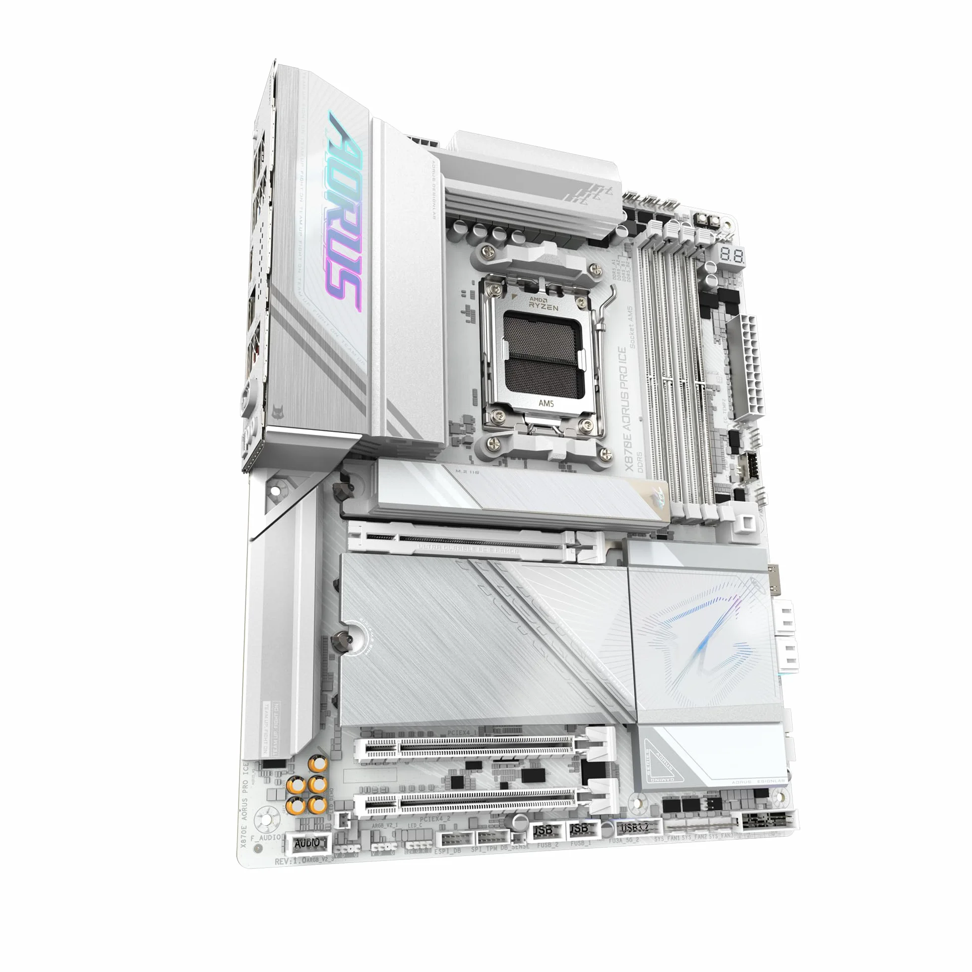 Płyta główna GIGABYTE X870E AORUS Pro Ice - kompatybilna z procesorami AMD Ryzen 9000, 16+2+2-fazowy cyfrowy VRM, do 8000 MHz DDR5 (OC), 3xPCIe 5.0, Wi-Fi 7, LAN 2.5 GbE, USB 4