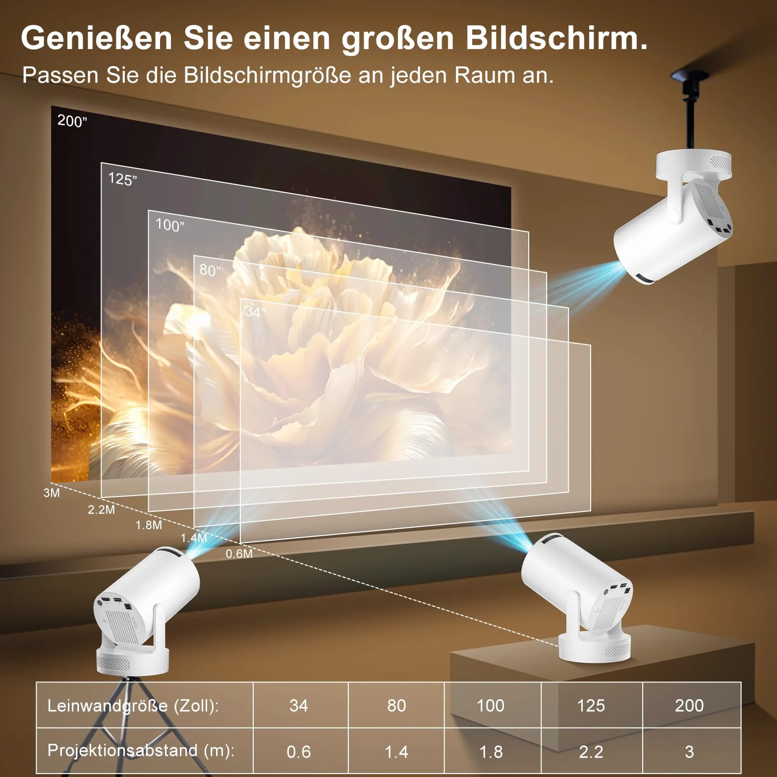 Salange Przenośny projektor 2026, mini projektor Pico, obsługuje 4K 1080P z WiFi 6 i Bluetooth 5.4, Android 14.0, obrót 180°, wbudowany głośnik HiFi 5 W, projektor kina domowego, biały
