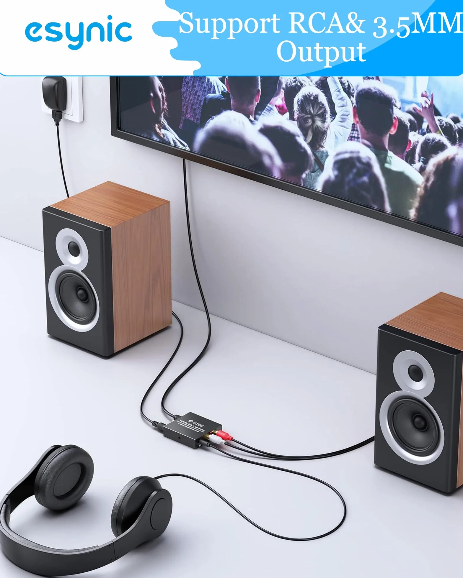eSynic DAC konwerter cyfrowy na analogowy adapter audio RCA L/R wyjście 3,5 mm stereo z kablem optycznym do słuchawek PS3 Xbox 360 HDTV niebieski RAY DVD Sky HD Apple TV