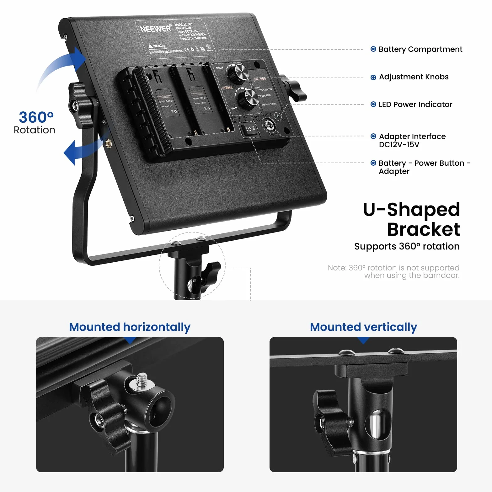 Neewer dwukolorowe lampy video 660 LED, 3200 K-5600 K, CRI 96+, przyciemniane światło, z uchwytem U-bracket i skrzydełkami kadrującymi, 78,7”, światło do studia fotograficznego, 2 sztuki