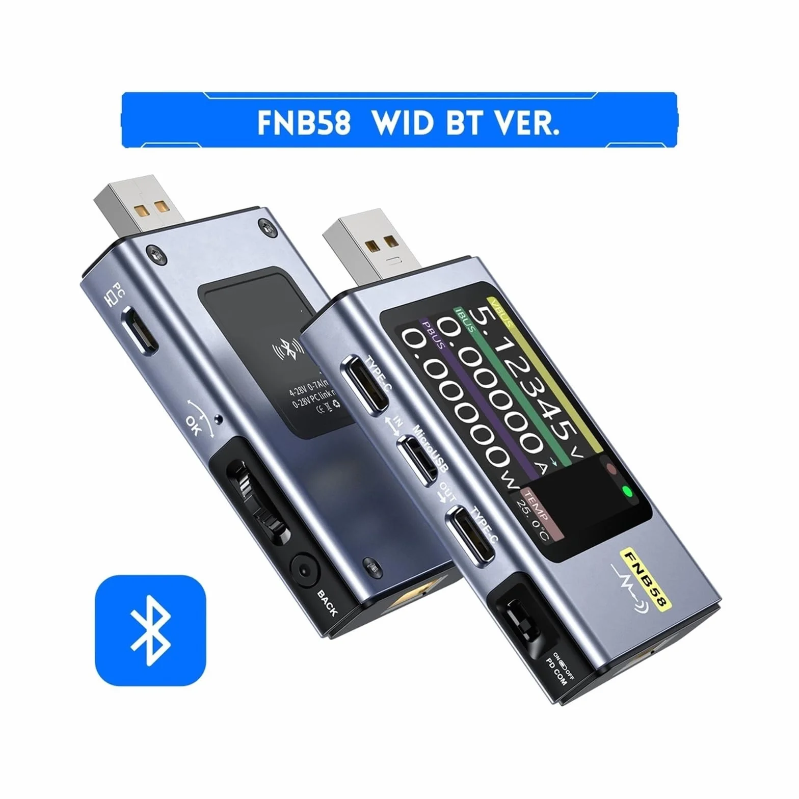 Tester USB, FNB58 Woltomierz cyfrowy Amperomierz Woltomierz prądu Tester USB Wskaźnik napięcia Profesjonalne narzędzia dla elektryków(Without Bluetooth)