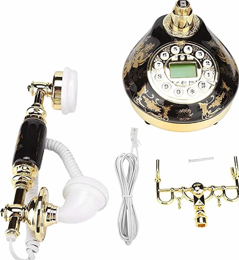 Vintage Retro Telefon Ceramiczny, Czarny i Złoty Kwiatowy Design Antyczna Dekoracja Domu Telefon Biurowy