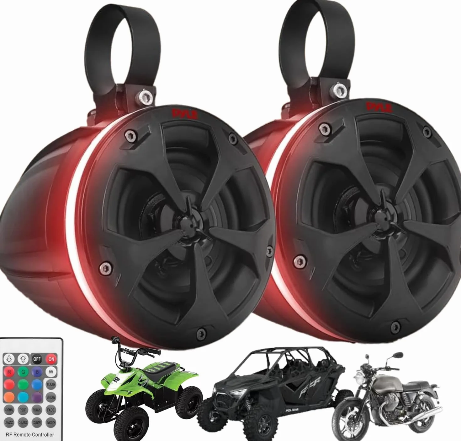 Pyle 2-drożne podwójne wodoodporne głośniki terenowe - 4-calowy 800 W system głośników Wakeboard Tower klasy morskiej ze światłami RGB i pilotem, pełny zakres zewnętrzny głośnik stereo audio do