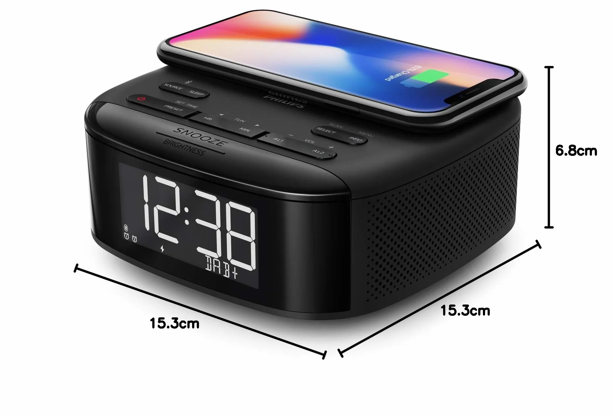 Philips R7705/10 radiobudzik DAB+/UKW radio cyfrowe (Bluetooth, podwójny alarm, funkcja uśpienia, automatyczna synchronizacja czasu, zabezpieczenie baterii, ładowarka do telefonów komórkowych)