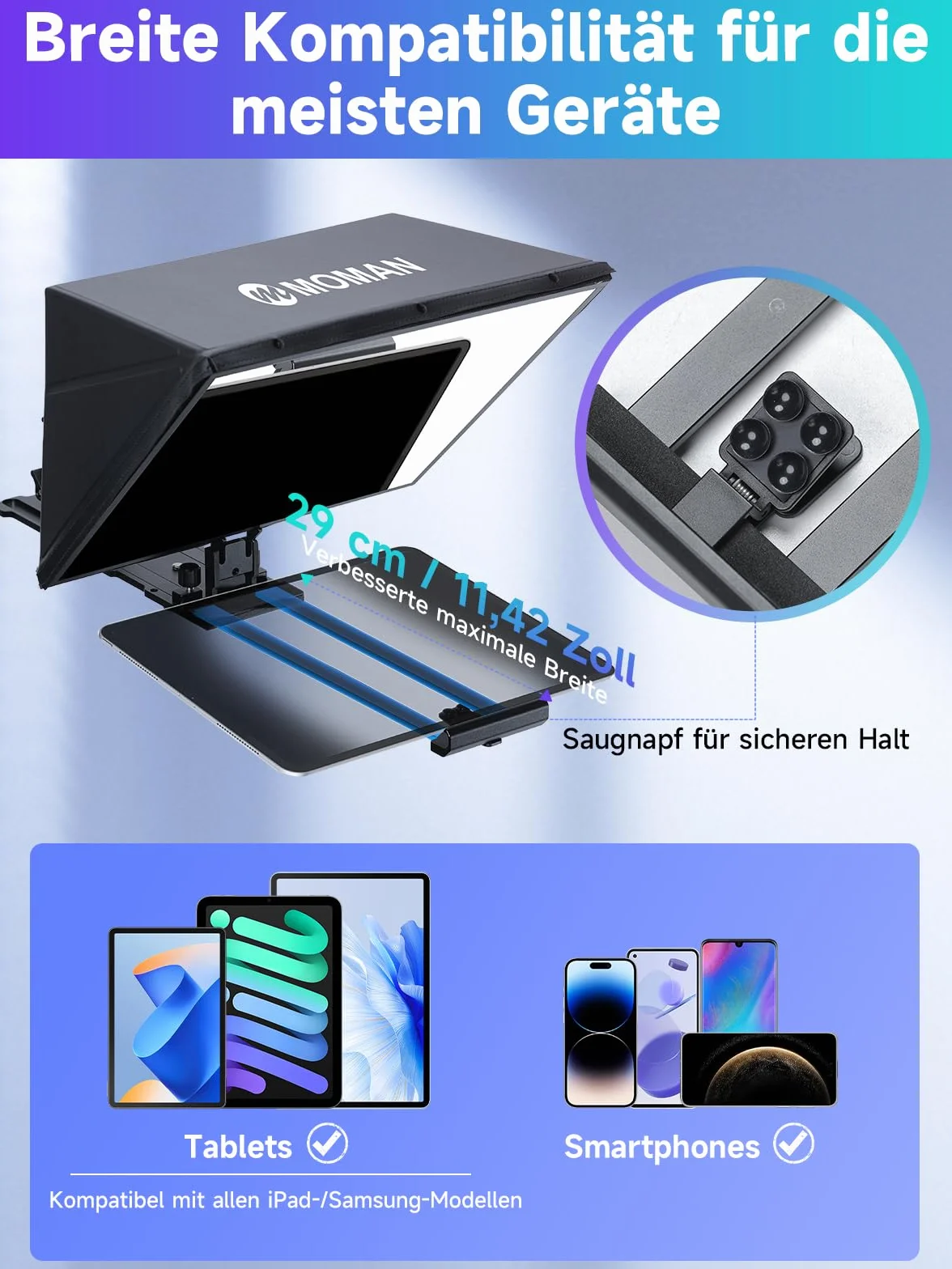 Teleprompter, Moman MT16 Prompter 16 cali, kompatybilny z iPadem / tabletem/smartfonem z aplikacją i zdalnie sterowanym nagrywaniem lustrzanek cyfrowych/kamer wideo, teleprompterów wideo