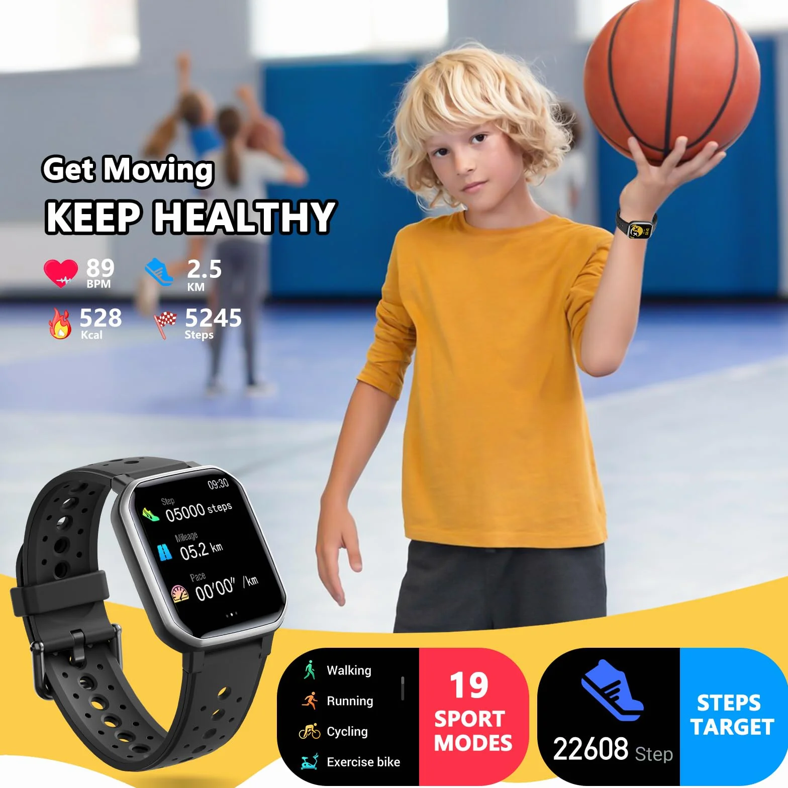 JOYELE Inteligentny zegarek dla dzieci, nastolatków, zegarek fitness z 19 trybami sportowymi, krokomierz, monitorowanie snu, prezenty urodzinowe, zabawka, prezent dla dziewcząt, chłopców w wieku 6-16
