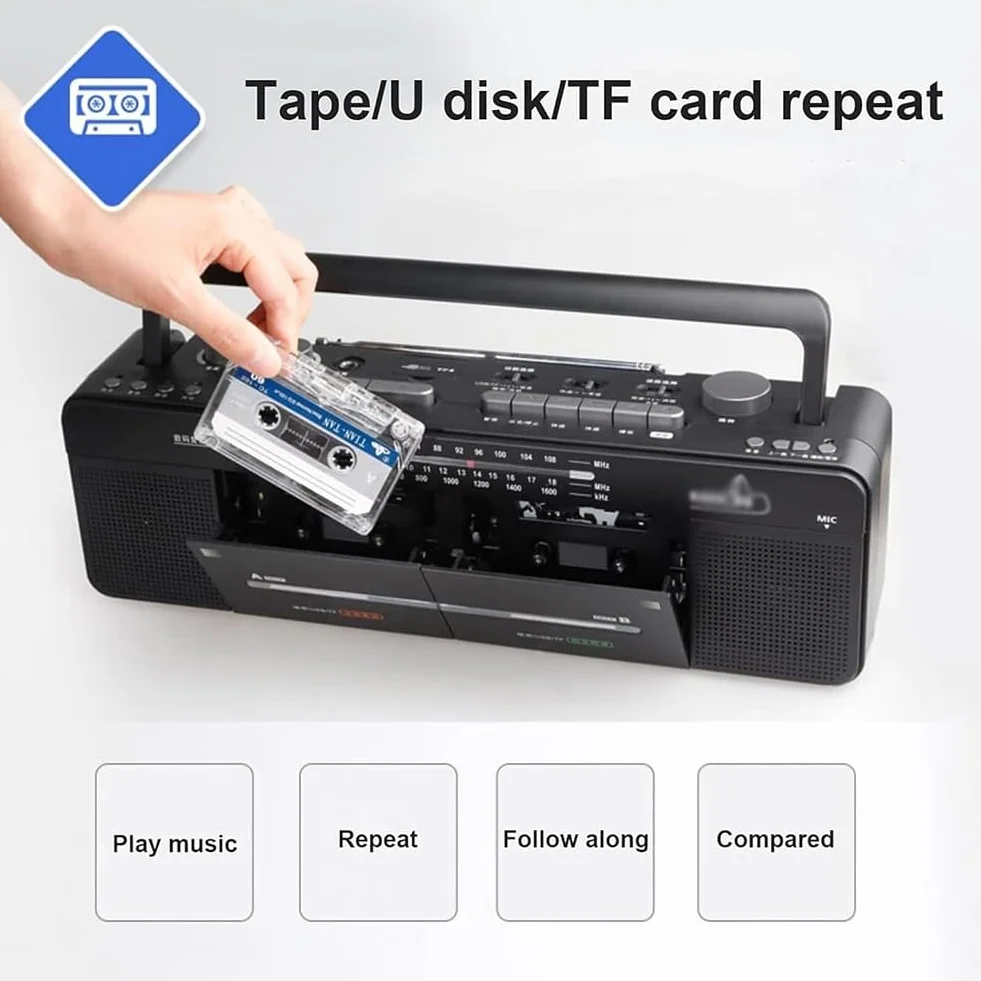 Magnetofon kasetowy z radiem AM/FM, dyskiem MP3/U, nagrywanie jednym kliknięciem – podwójny odtwarzacz taśmowy w klasycznym stylu dla miłośników muzyki i dźwięku