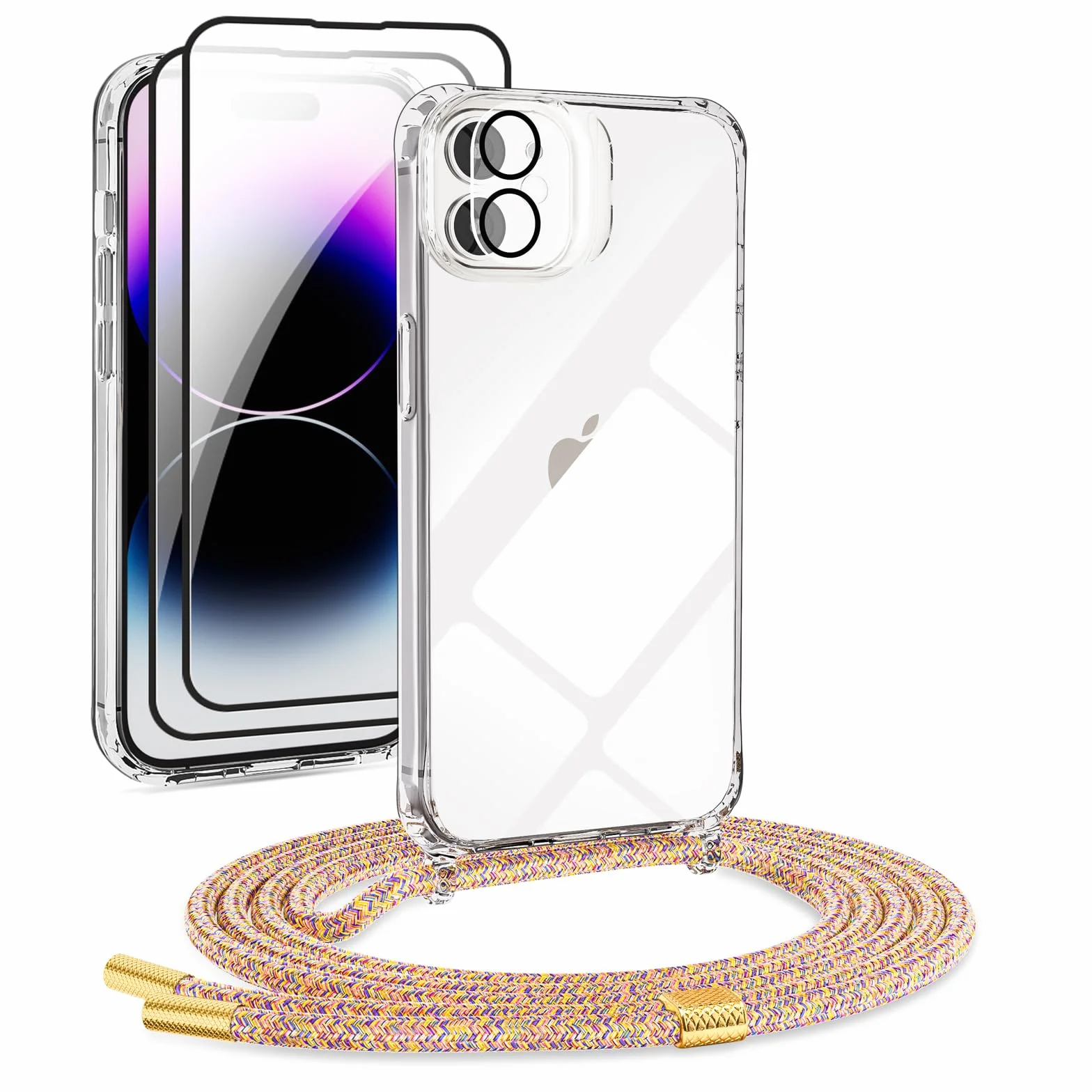 [5 w 1] 1 x zestaw ze smyczką na telefon komórkowy iPhone 12 Mini, etui z paskiem + 1 x przezroczyste etui ochronne + 2 x folia ochronna + 1 x szkło chroniące aparat fotograficzny, zdejmowany