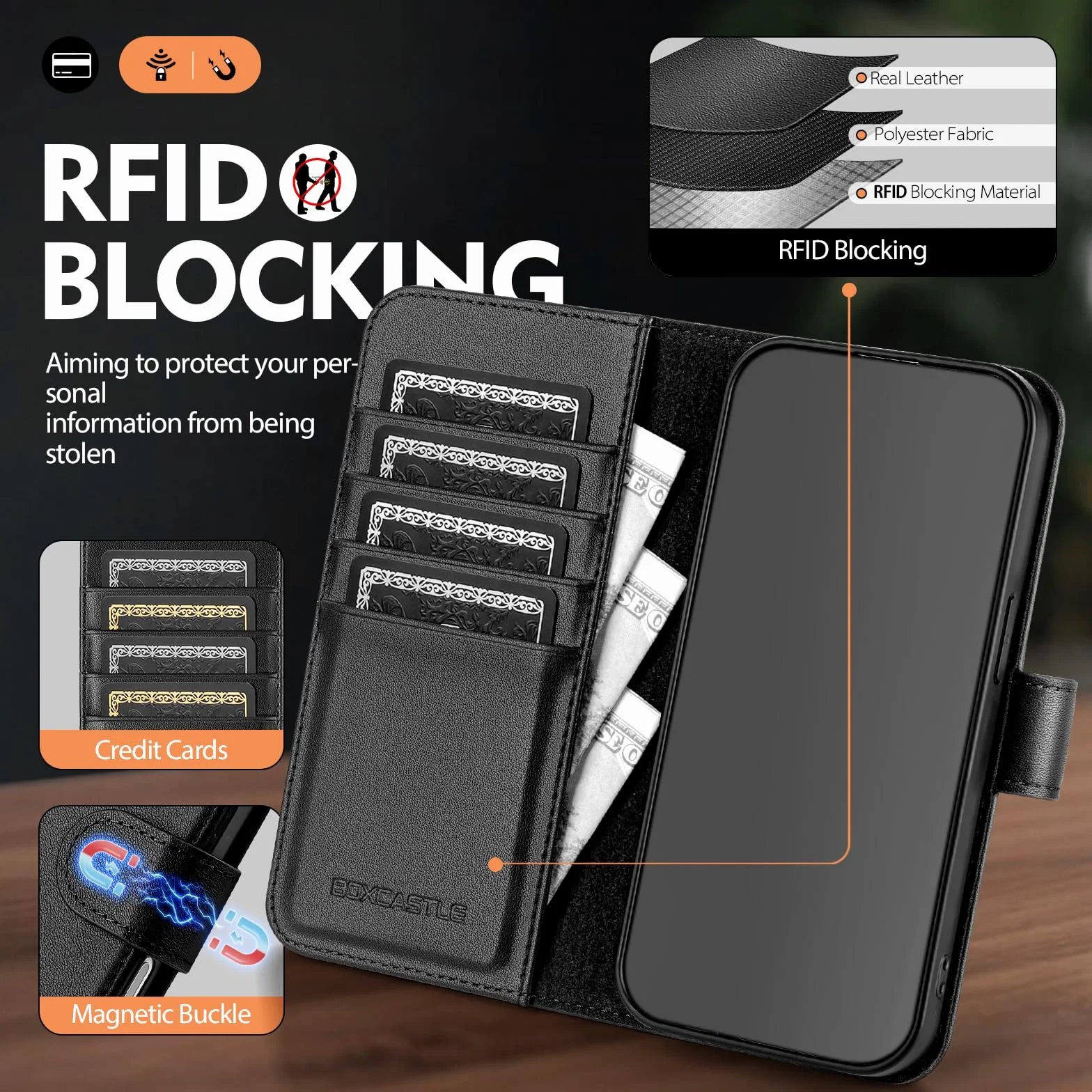 Kompatybilne z iPhone 17 Pro Max, etui z prawdziwej skóry portfel z uchwytem na karty, dla kobiet i mężczyzn, prawdziwa skóra, z klapką, blokujące RFID, przegródki na karty kredytowe, stojak