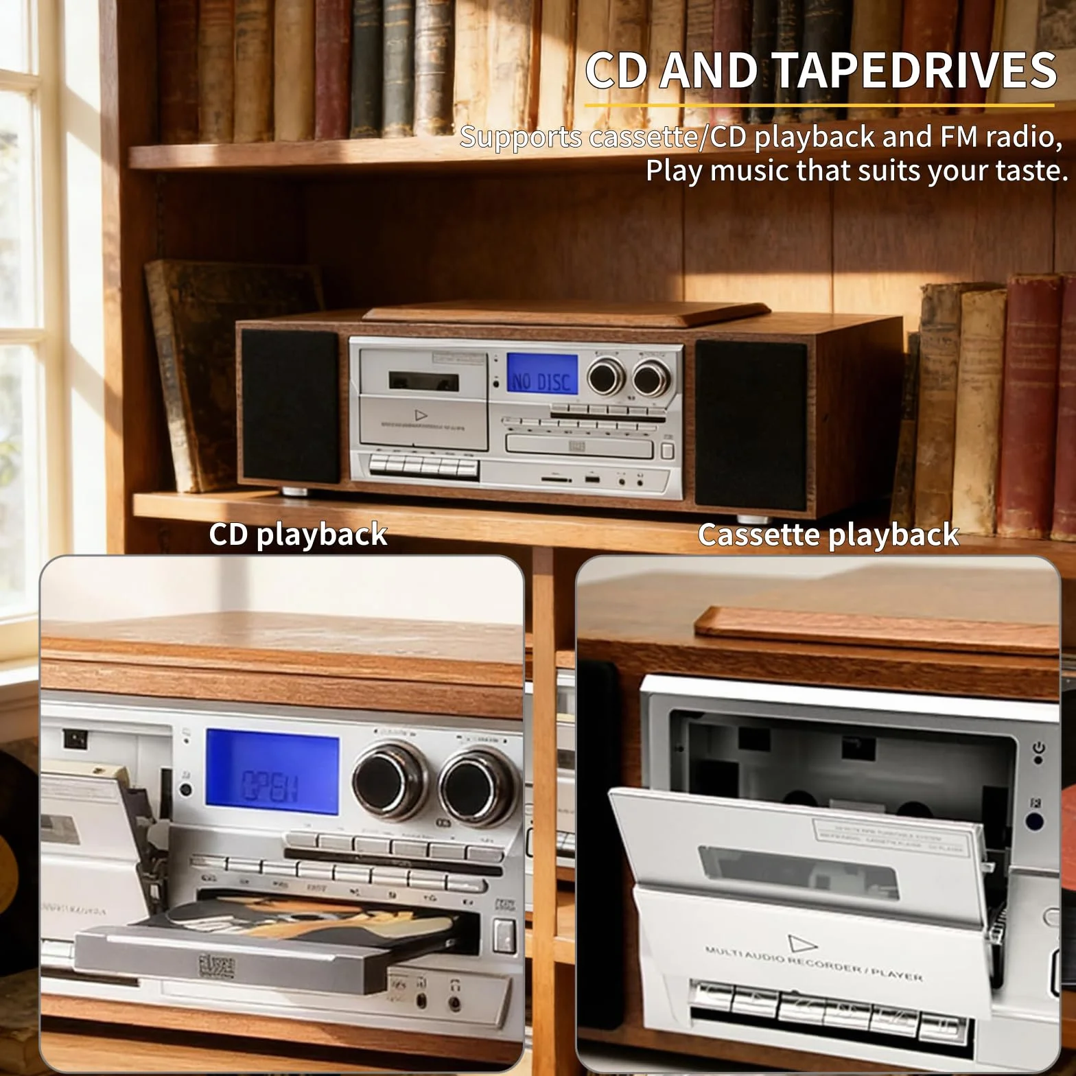 Odtwarzacz CD/MP3/kasetowy z radiem FM i pilotem zdalnego sterowania – centrum multimedialne z wbudowanymi głośnikami stereo i wejściem USB/AUX, wykończenie w stylu retro