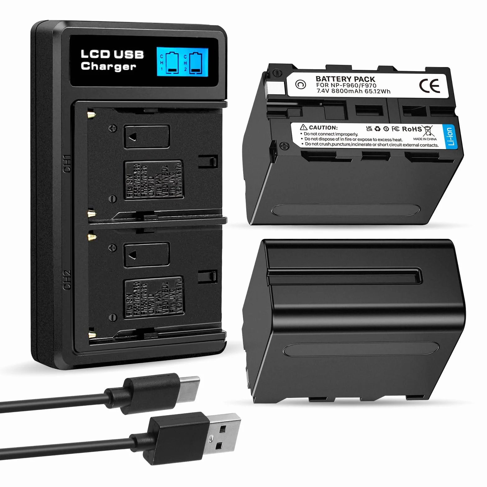 2-pak 8800 mAh akumulator zamienny do Sony NP-F970 i ładowarka USB do Sony NP-F960 NP-F950 NP-F930 NP-F550 NP-F570 NP-F750 baterie do kamer komórkowych, monitorów polowych, oświetlenia wideo