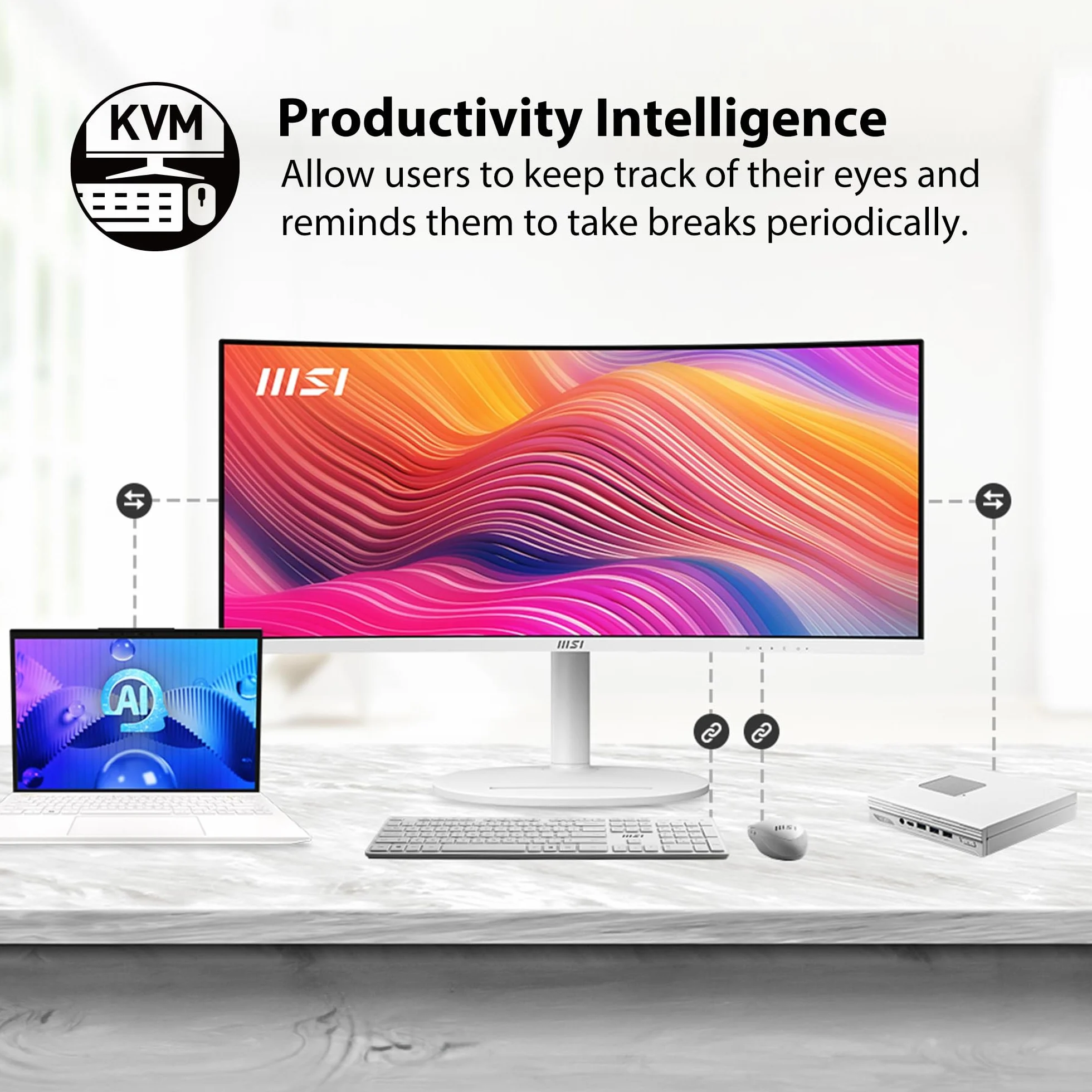 MSI Nowoczesny MD342CQPW 86.4 cm VA 3440 x 1440 (UWQHD) Monitor komputerowy, 120Hz, 1800 zakrzywiony, Adaptive-Sync, HDMI, DP, USBC 98W Power Delivery, KVM, regulacja wysokości, VESA, głośnik, 1 ms,
