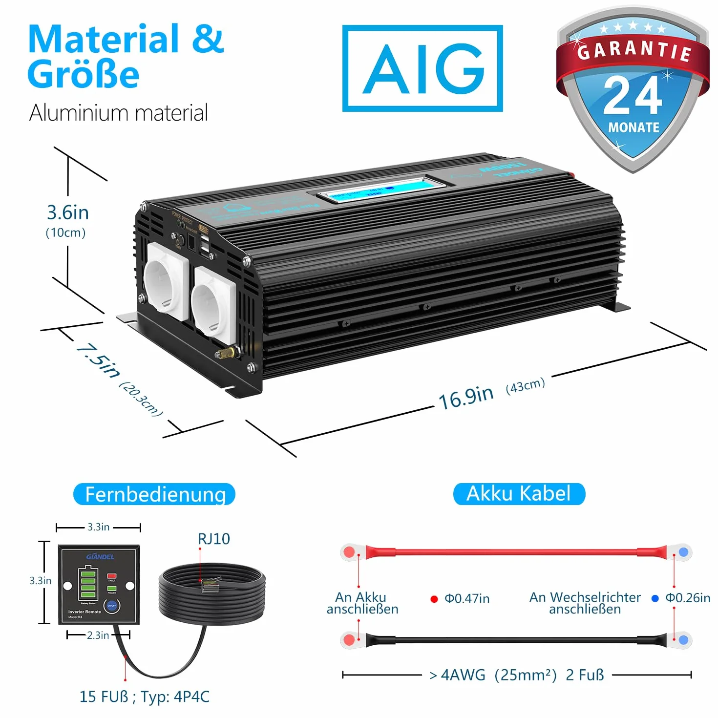 GIANDEL Falownik 1500 W, 12 V na 230 V, czysta sinusoidalna przetwornica napięcia z magnetycznym pierścieniem z ekranem LCD, pilot zdalnego sterowania, kabel do akumulatora z czystej miedzi, do domu
