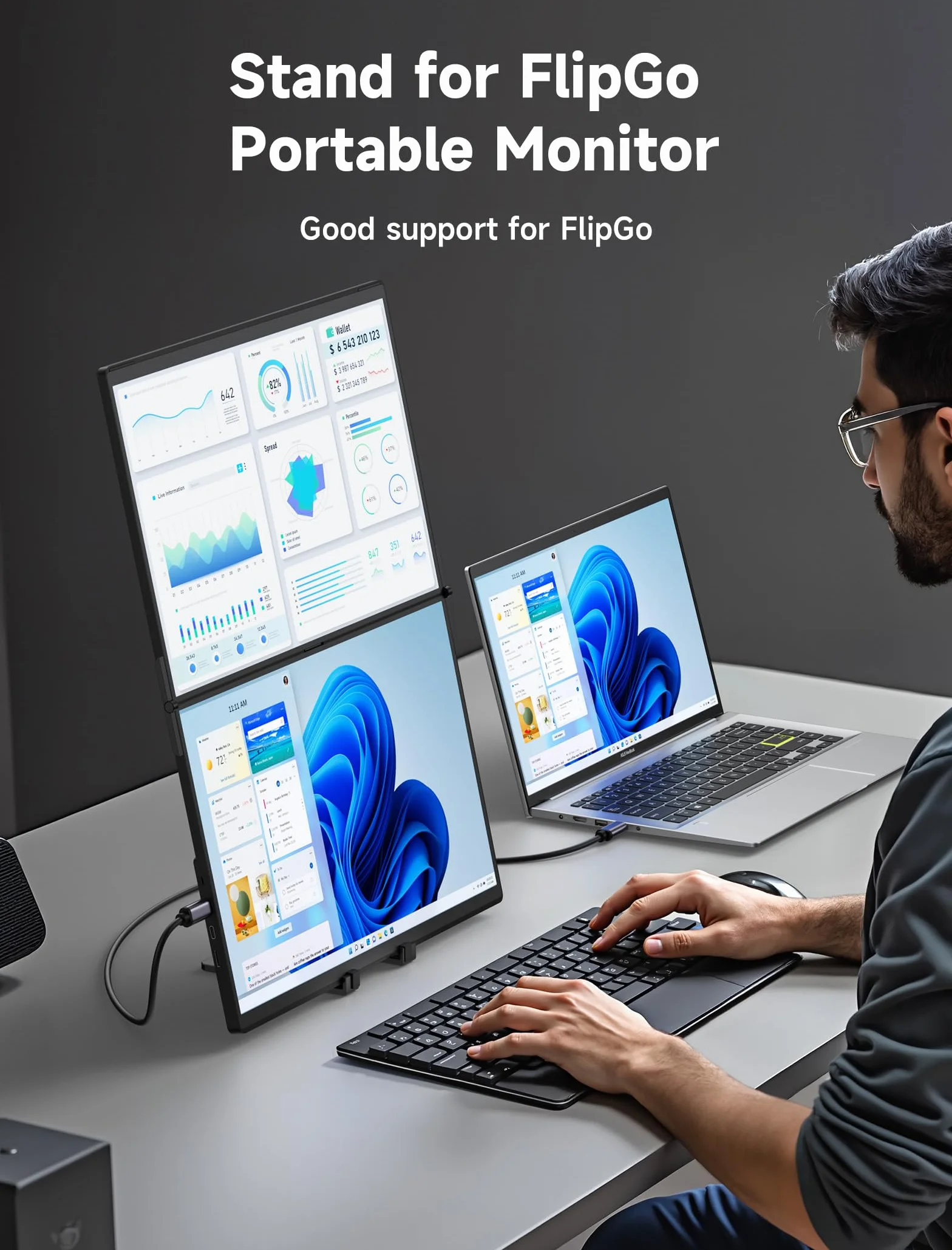 JSAUX FlipGo Przenośny stojak na ekran 13,5'' 15,6'' 16-calowy przenośny przedłużacz monitora - czarny