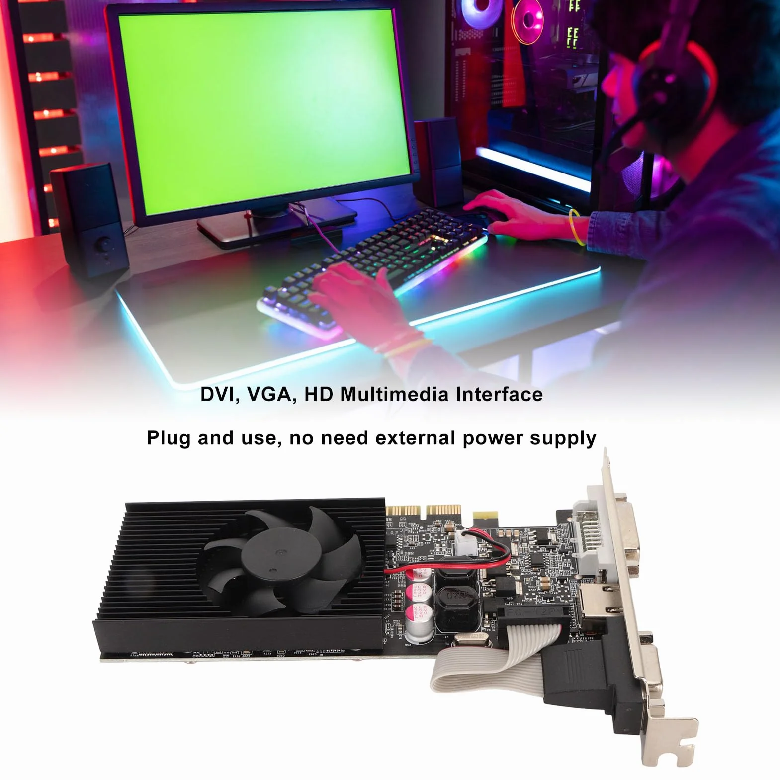 Karta Graficzna GT 730 2 GB DDR3 64-bitowa, Karta Graficzna do Gier PCIe do Komputerów Stacjonarnych, Karta Graficzna PCI Express 2.0 X16 z Interfejsami Multimedialnymi DVI