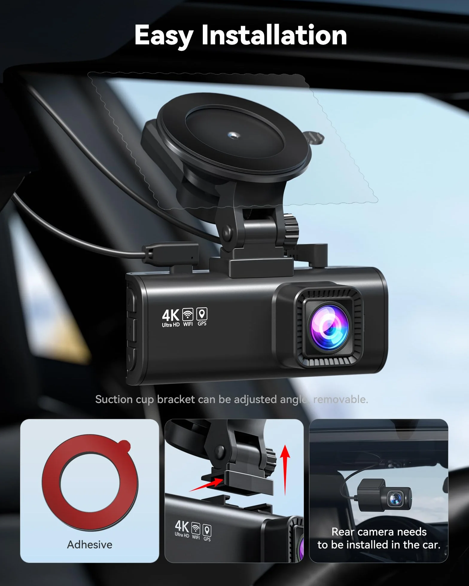 REDTIGER Dash Cam Przód samochodu Tył 4K / 2.5K z GPS WiFi Rejestrator deski rozdzielczej samochodu z ekranem IPS 3,18 ", nagrywanie w pętli noktowizyjnej 170 ° Szeroki kąt WDR, obsługa maks. 256 GB