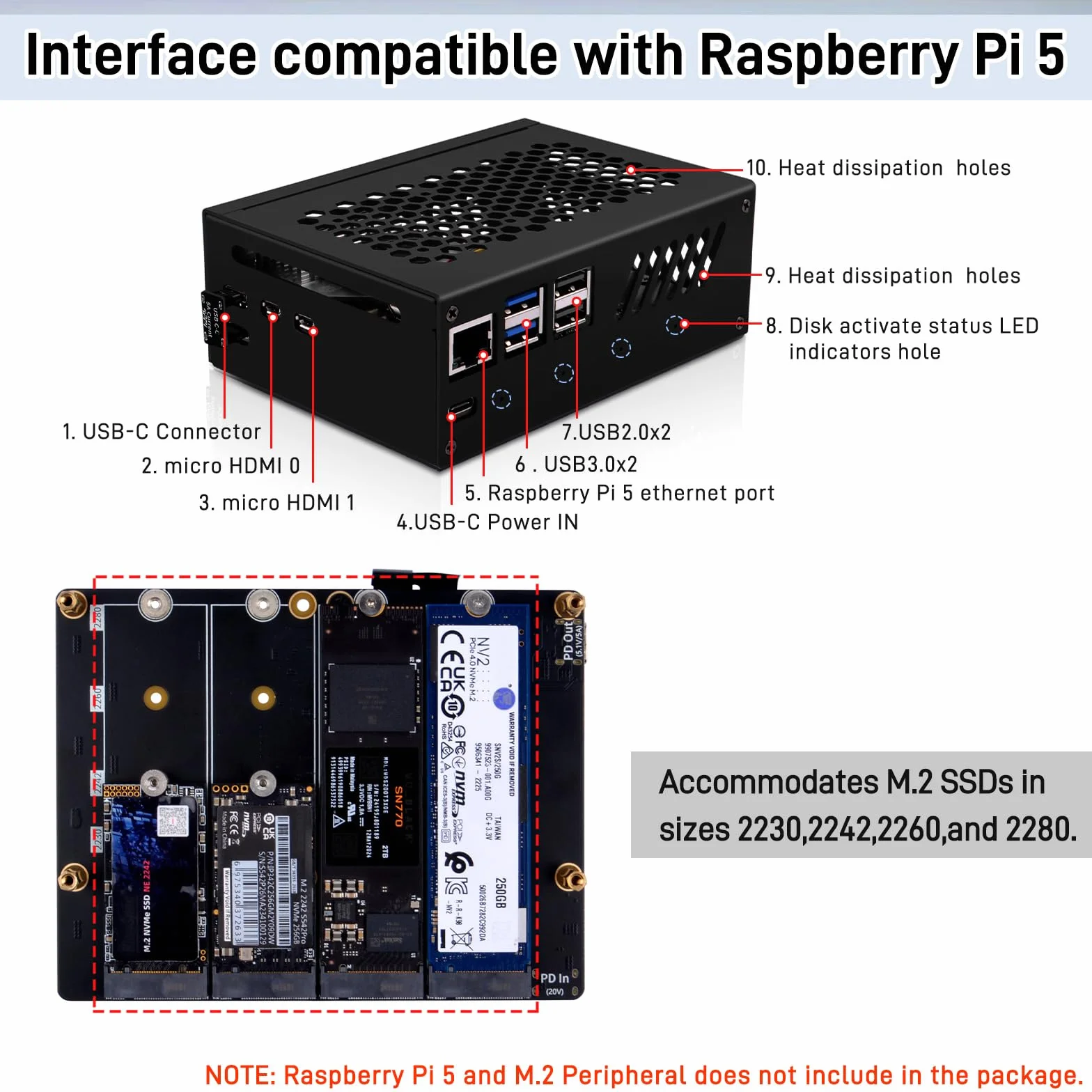 GeeekPi N16 Quad M.2 M-Key NVMe SSD HAT z metalową obudową i aktywnym chłodzeniem dla Raspberry Pi 5, obsługuje dyski SSD M.2 NVMe M-Key 2230/2242/2260/2280