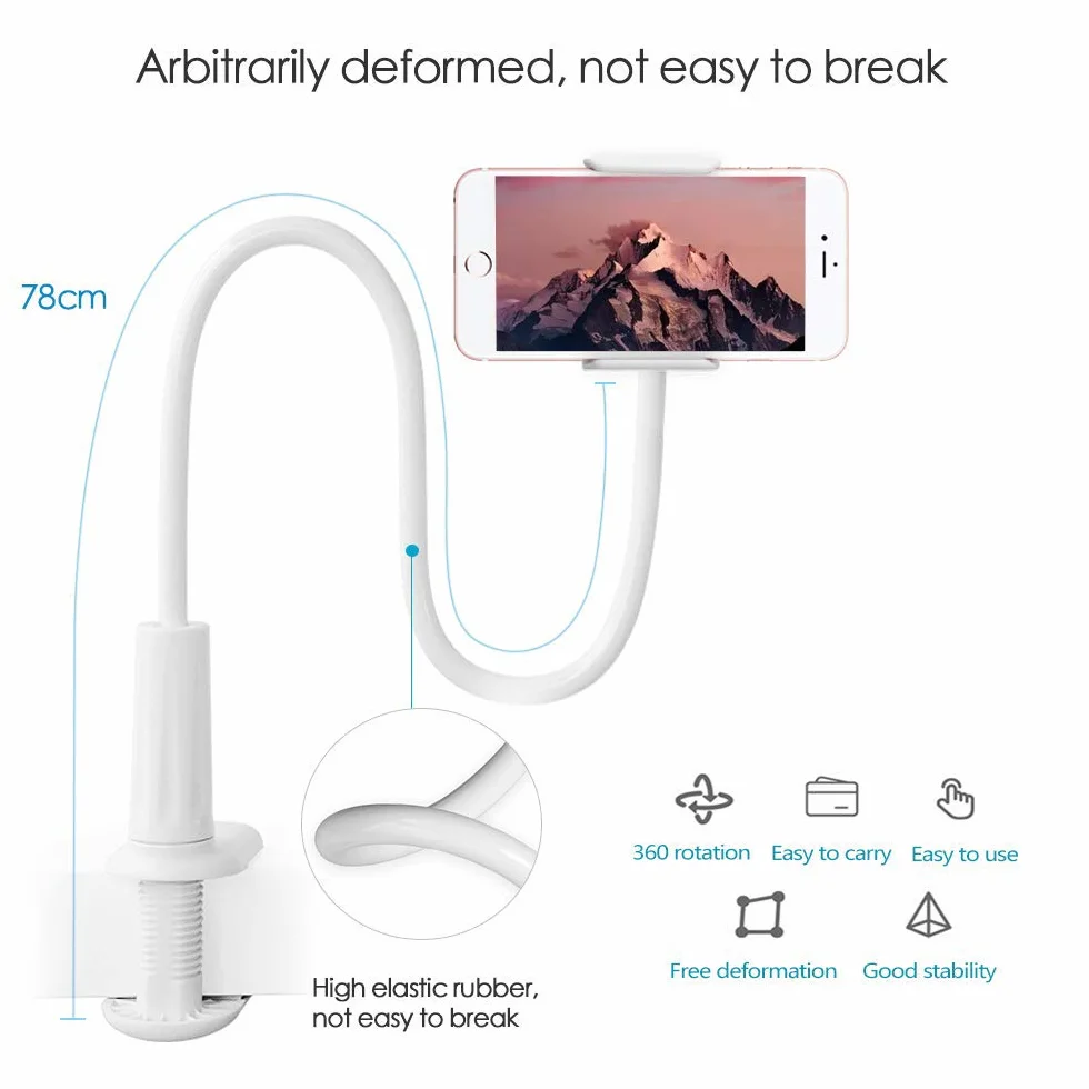 Uchwyt na Telefon z Gęsią Szyją 78 cm, Wspornik na Tablet 4-11 cali, Regulowane Ramię Biały