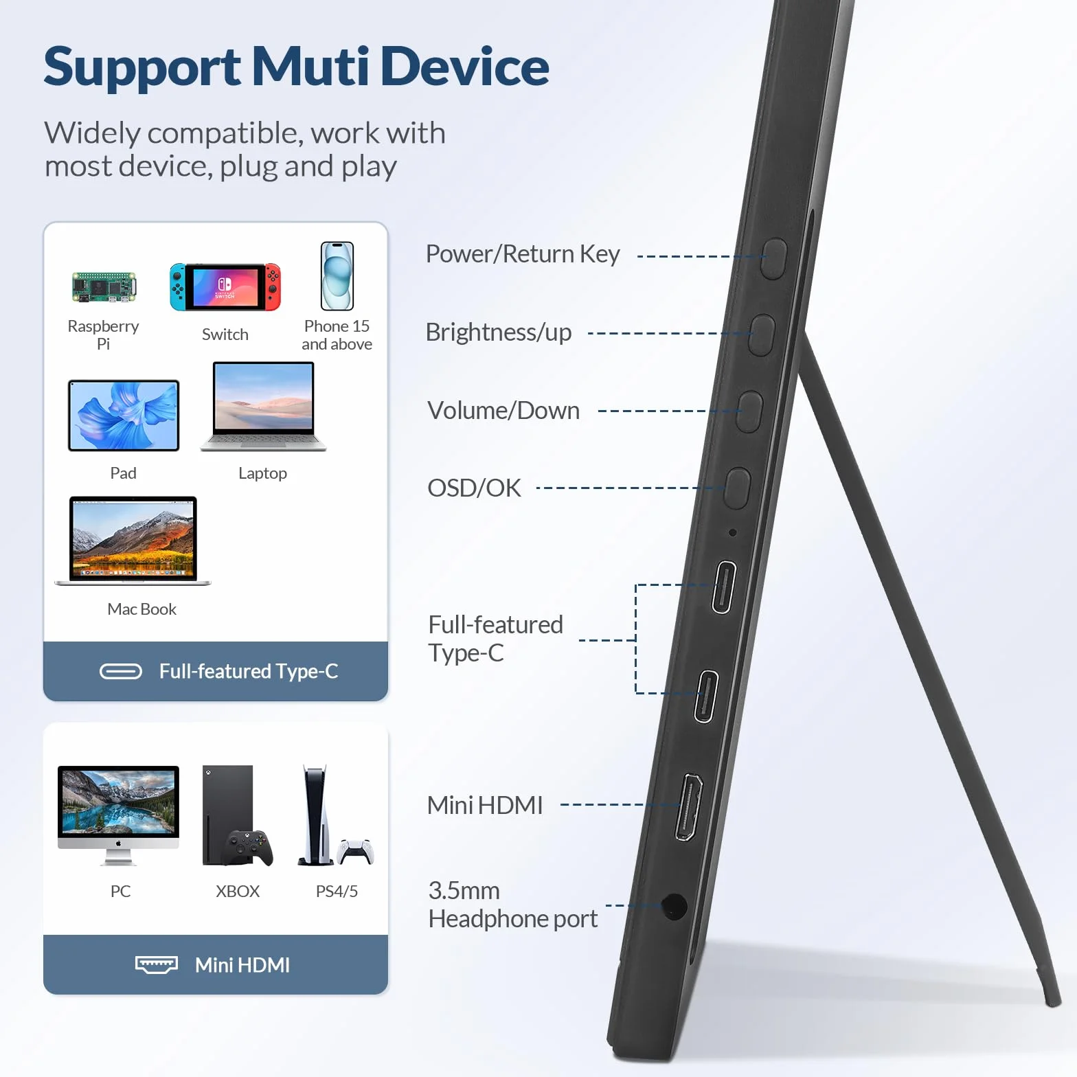 Rii Przenośny monitor 40.6 cm, 1920 x 1200 IPS drugi przedłużacz monitora z portem USB-C Mini HDMI, kompatybilny z PC/laptopem/Mac/Phone/Switch/Xbox/PS4/5