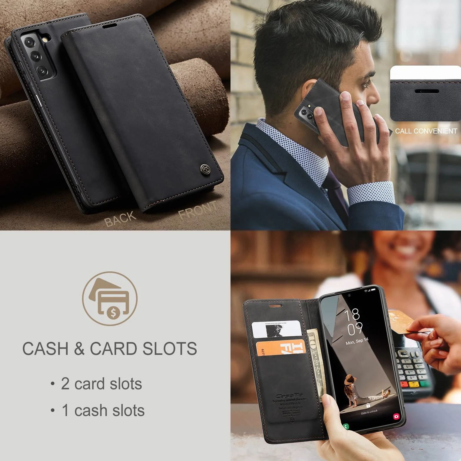 Etui do Samsung Galaxy S21 FE, Szczelina na karty, podpórka, Odporny na wstrząsy, premium ze skóry PU portfel, Flip Magnetyczny Skórzane etui do Samsung Galaxy S21 FE-Czarne