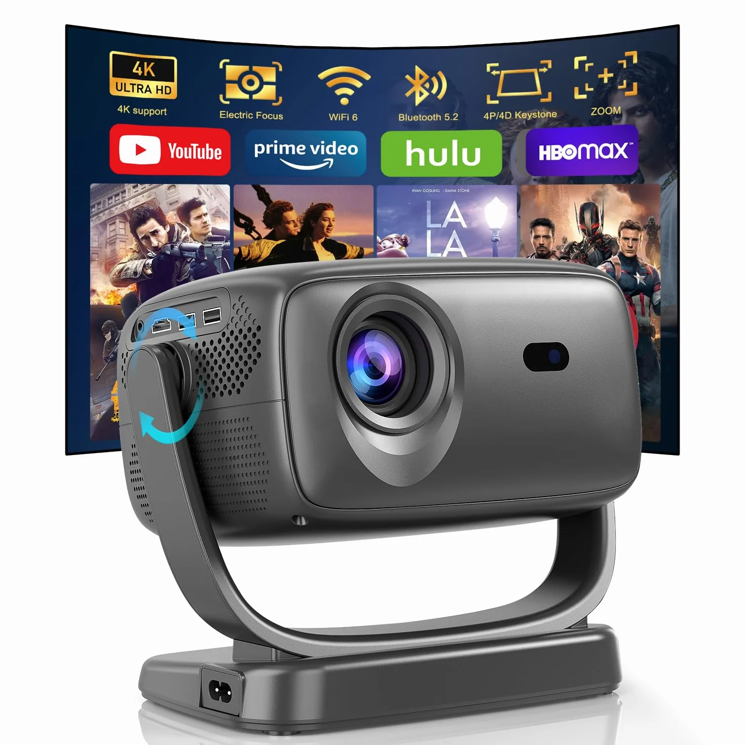 Projektor 4K, elektryczny ostrość, obrót 180°, 26000Lux projektor kina domowego z WiFi 6 i Bluetooth, zoom, korekcja trapezowa, natywny reflektor 1080P do smartfonów z systemem iOS/Android