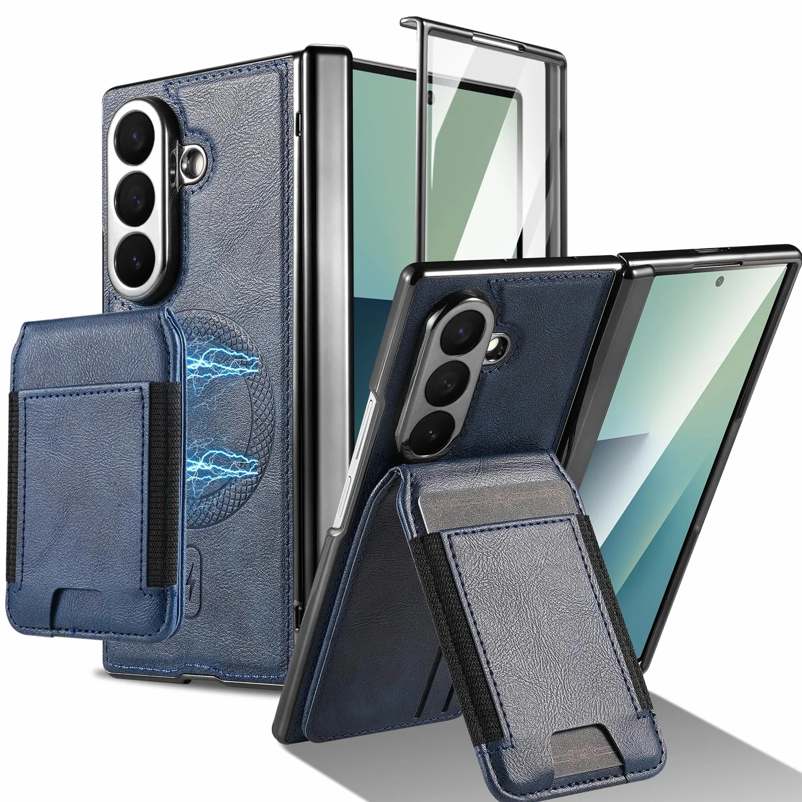 Etui na karty magnetyczne 2 w 1 do Galaxy Z Fold 3, etui na telefon, szkło hartowane, folia na ekran zewnętrzny, zawias, osłona odporna na wstrząsy (do Galaxy Z Fold 3/niebieski)