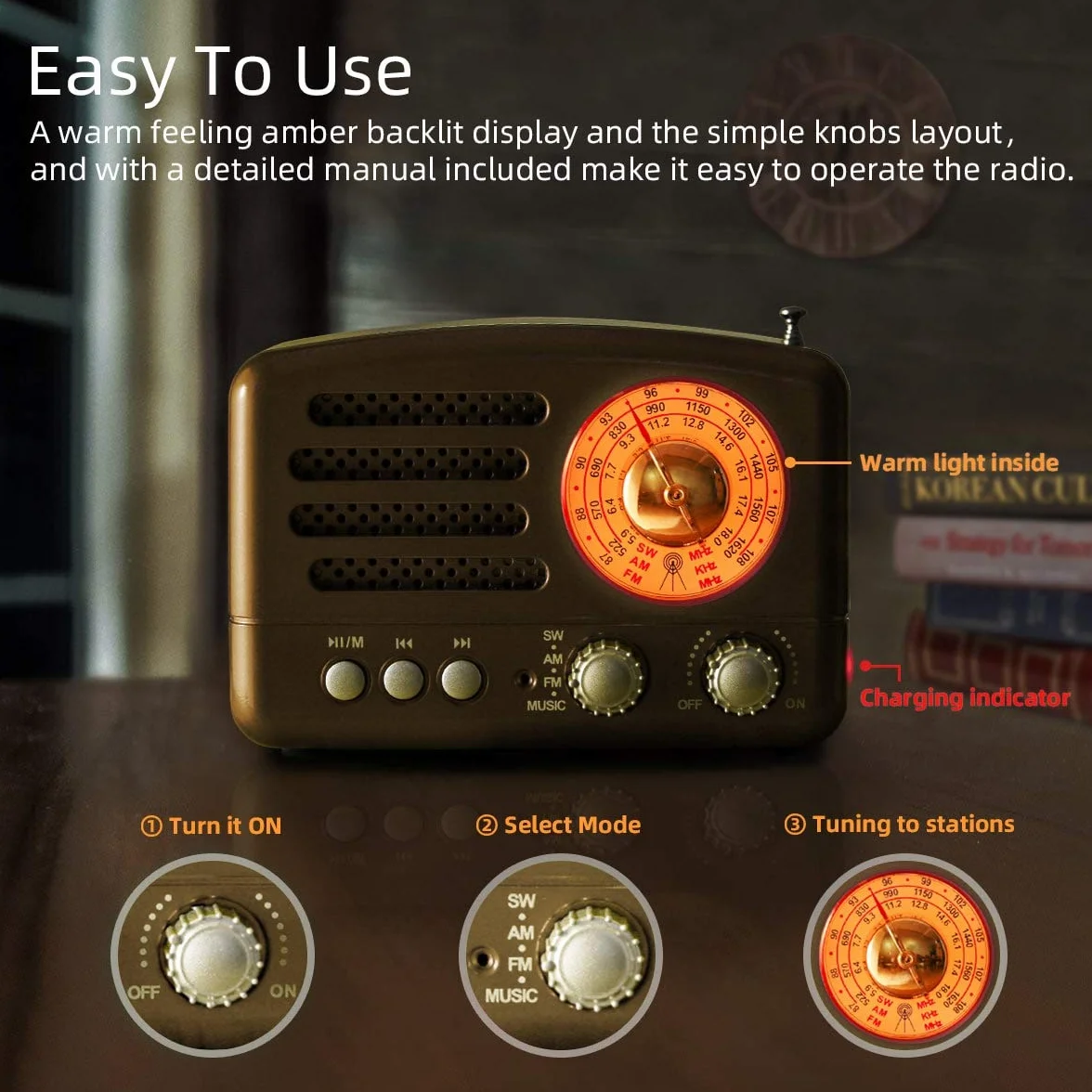 PRUNUS J-160 Przenośne radio, vintage Bluetooth FM/AM (MW)/SW, stacja radiowa z bardzo dużym przyciskiem regulacji, radio retro tranzystor obsługa karty TF/AUX/USB (czerwony)