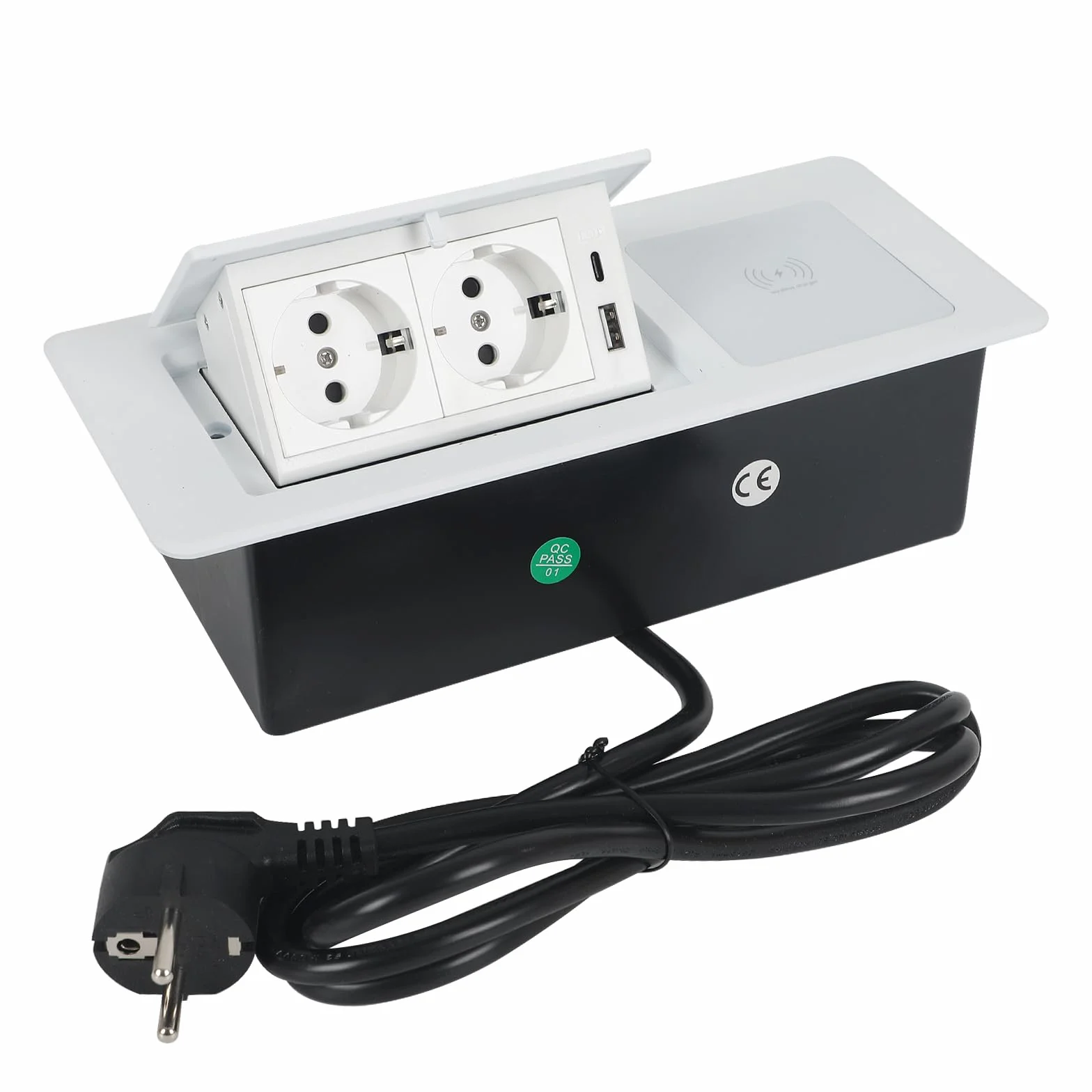 Wysuwane gniazdko elektryczne, 2 gniazda do zabudowy, z USB i bezprzewodową ładowarką 15 W, typ C, 20 W, białe gniazdko do biura, na blat roboczy