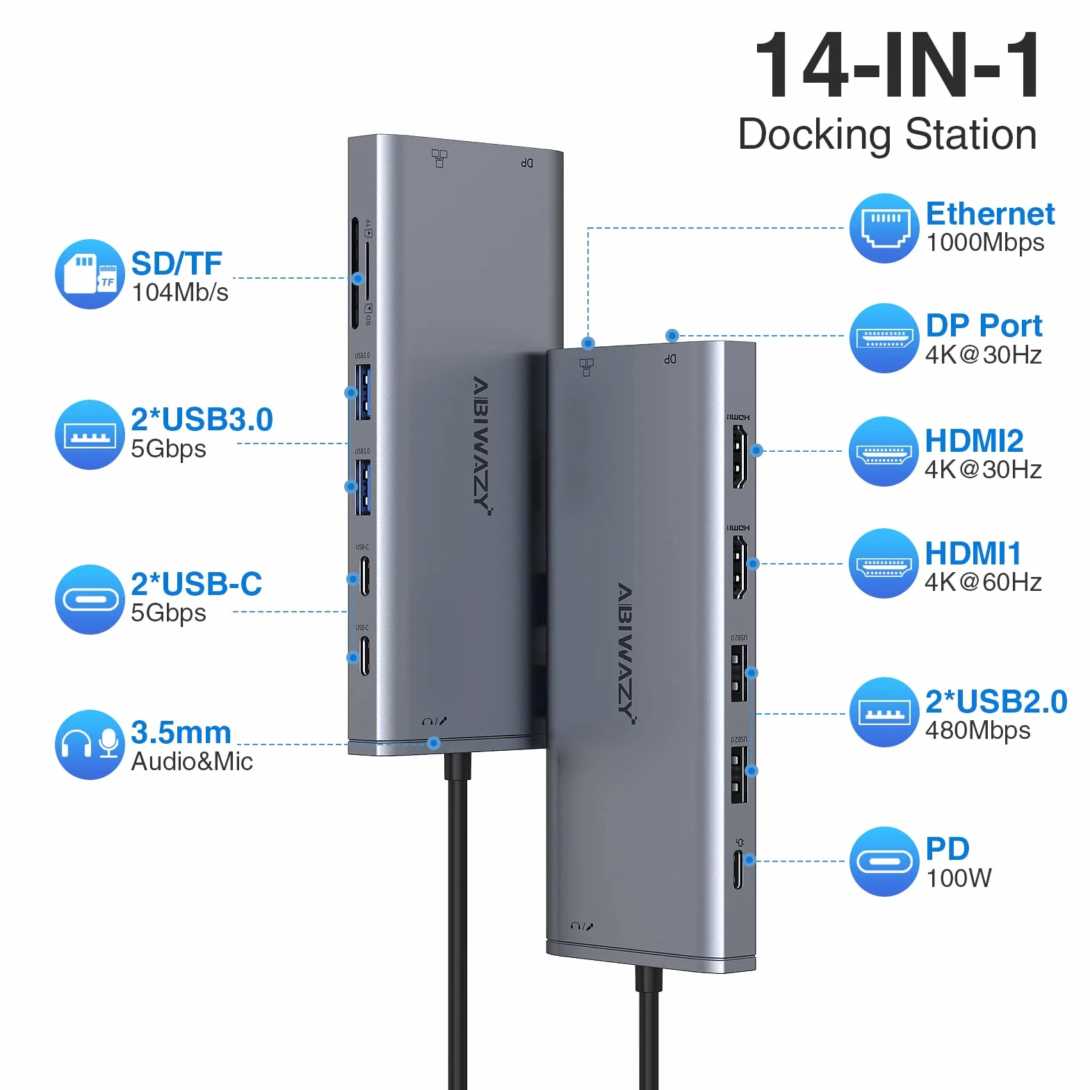 Stacja dokująca USB C, 3 monitory, koncentrator USB C, laptop, podwójny monitor, wieloportowy adapter dokujący, USB C na 2 HDMI, 4K DisplayPort, ładowanie PD, Ethernet, 7 portów USB C/A, SD/TF, audio