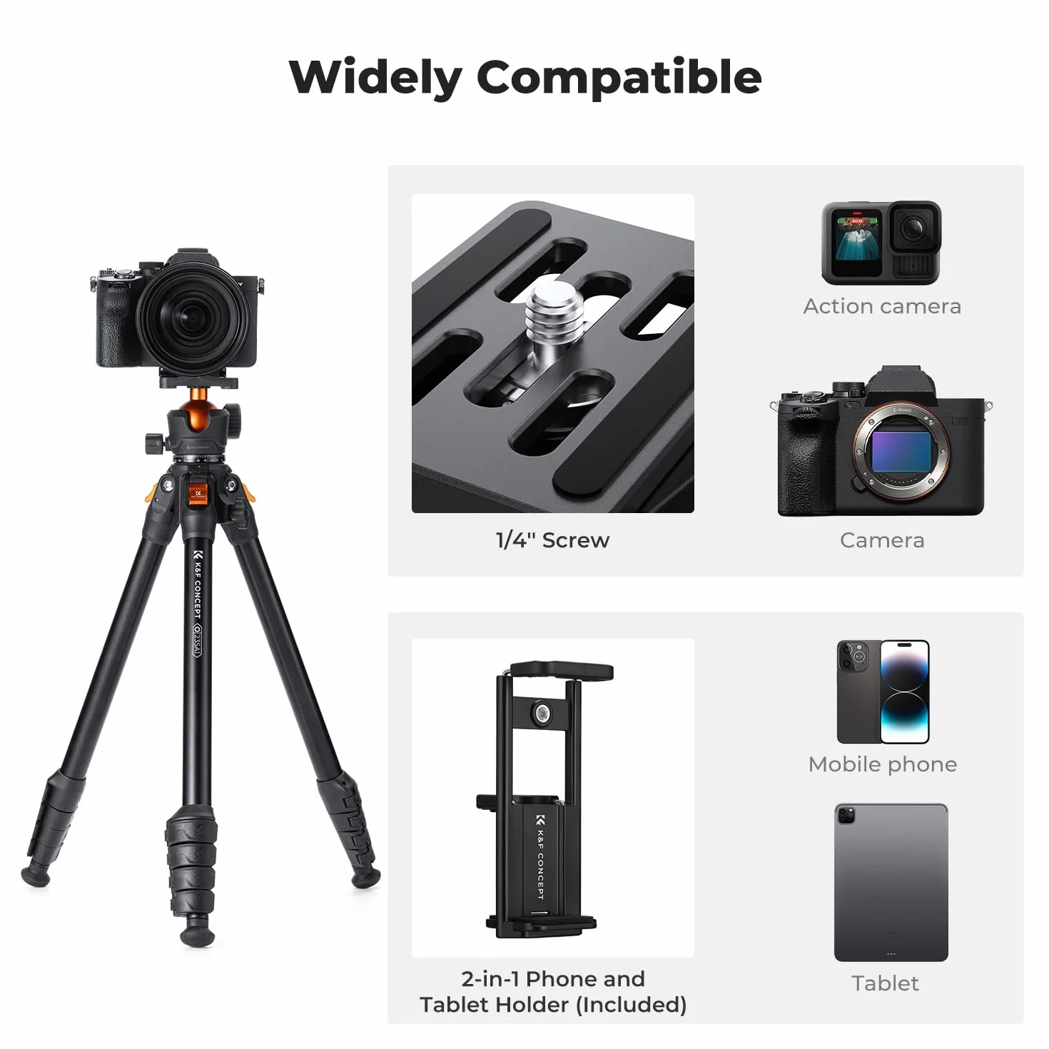 K&F CONCEPT Statyw o wysokości 163 cm/64" z głowicą kulową, wykonany z wytrzymałego aluminium, do aparatów DSLR i smartfonów, z uchwytem na telefon i tablet.