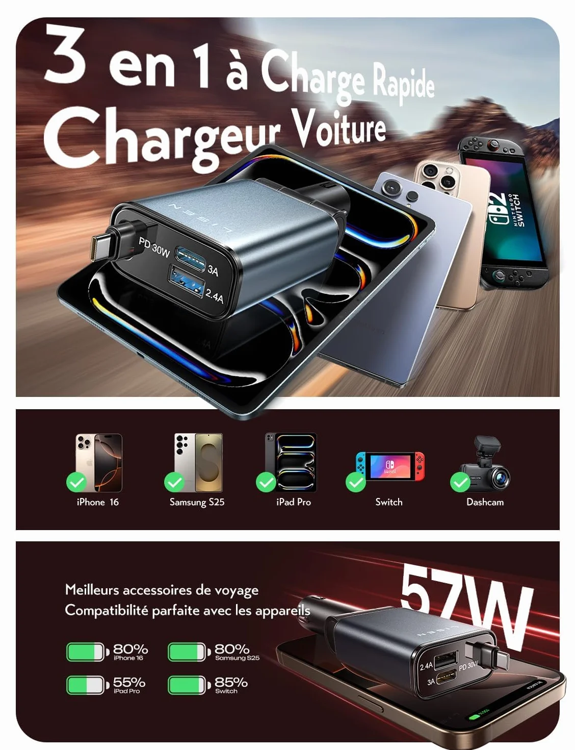 LISEN 57W zapalnik papierosów USB C 3 w 1 ładowarka samochodowa - [300% kompaktowy] 12V Adapter USB Auto z kablem ładowania, ładowarka samochodowa do iPhone 16 Pro Max, Galaxy S25 Ultra, Xiaomi 15 14