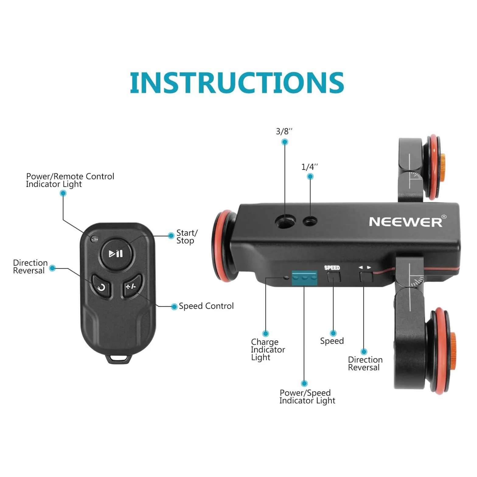 NEEWER Bezprzewodowa kamera wideo z 3 kółkami, 3 biegi, zmotoryzowana szyna elektryczna Dolly Auto z pilotem zdalnego sterowania, kompatybilna z kamerą DSLR, kamerą Gopro iPhone, smartfonem (czarny)