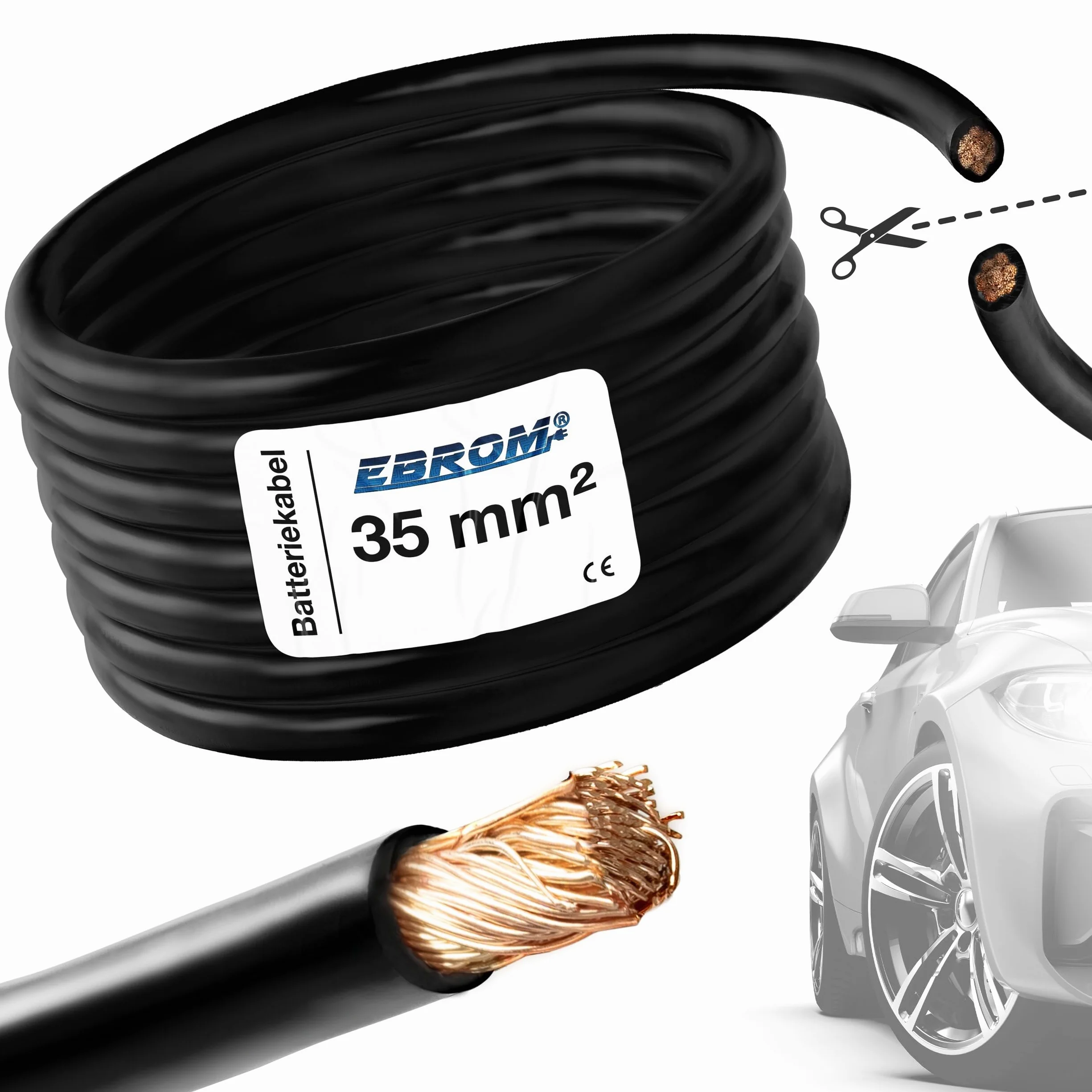 EBROM FLY przewód samochodowy do samochodu, kabel do akumulatora – przekrój 35 mm² – towar sprzedawany na metry – elastyczny 90 ± 5 Shore, 100% miedź, specjalny płaszcz PCW FLY FLRy – kabel