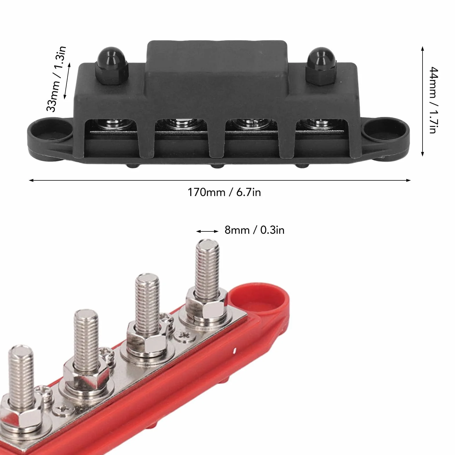 2 szt. Czerwony Czarny Blok Dystrybucji Zasilania M8 48V 250A 4 Szyna Zaciskowa z mosiężną płytą, Szerokie Zastosowanie do Systemów Zasilania Prądem Stałym