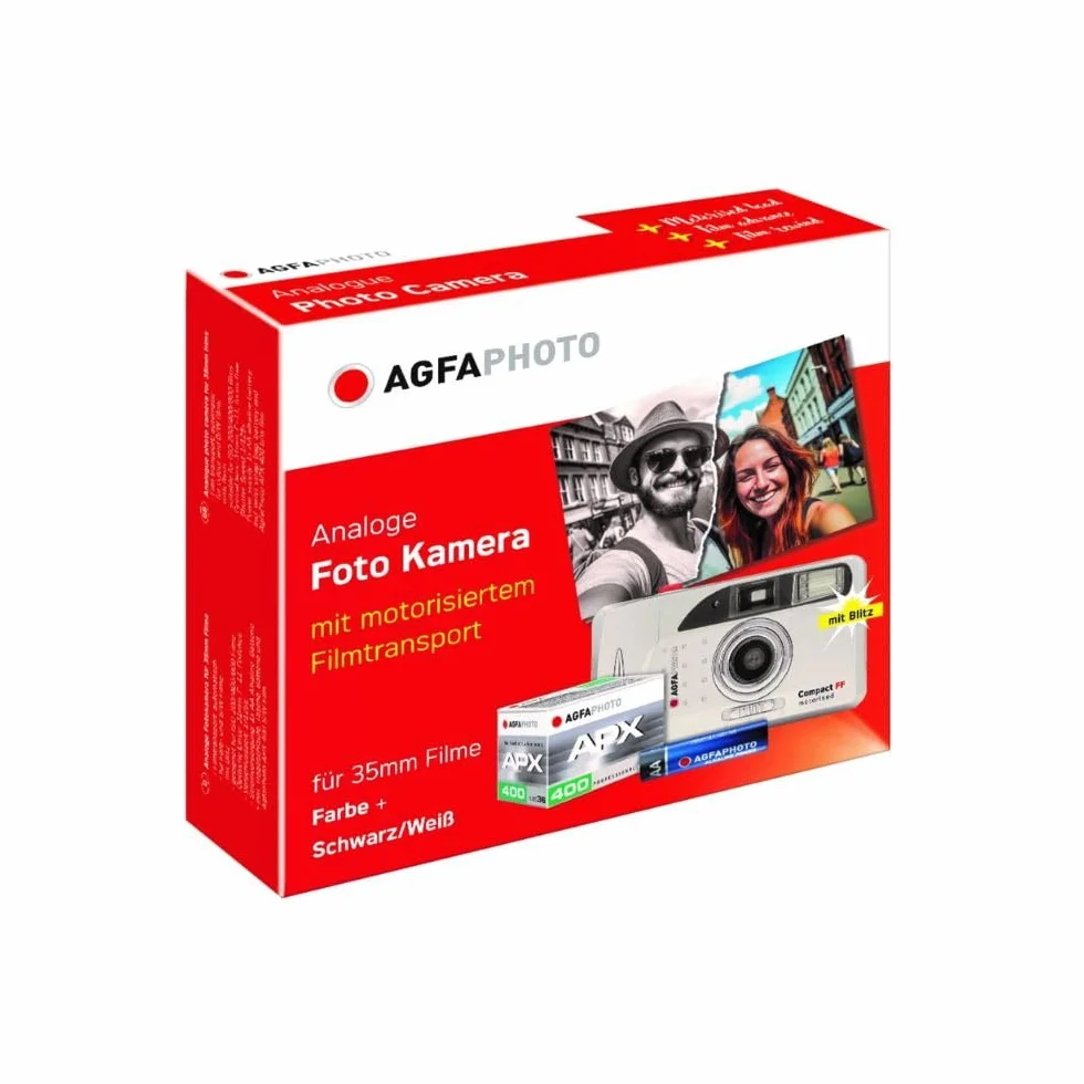 AgfaPhoto Aparat analogowy Compact FF motoryzowany transport filmów, lampa błyskowa, do filmów kolorowych i czarnych i białych, w zestawie pasek do noszenia, torba na aparat, baterie i folia AgfaPhoto