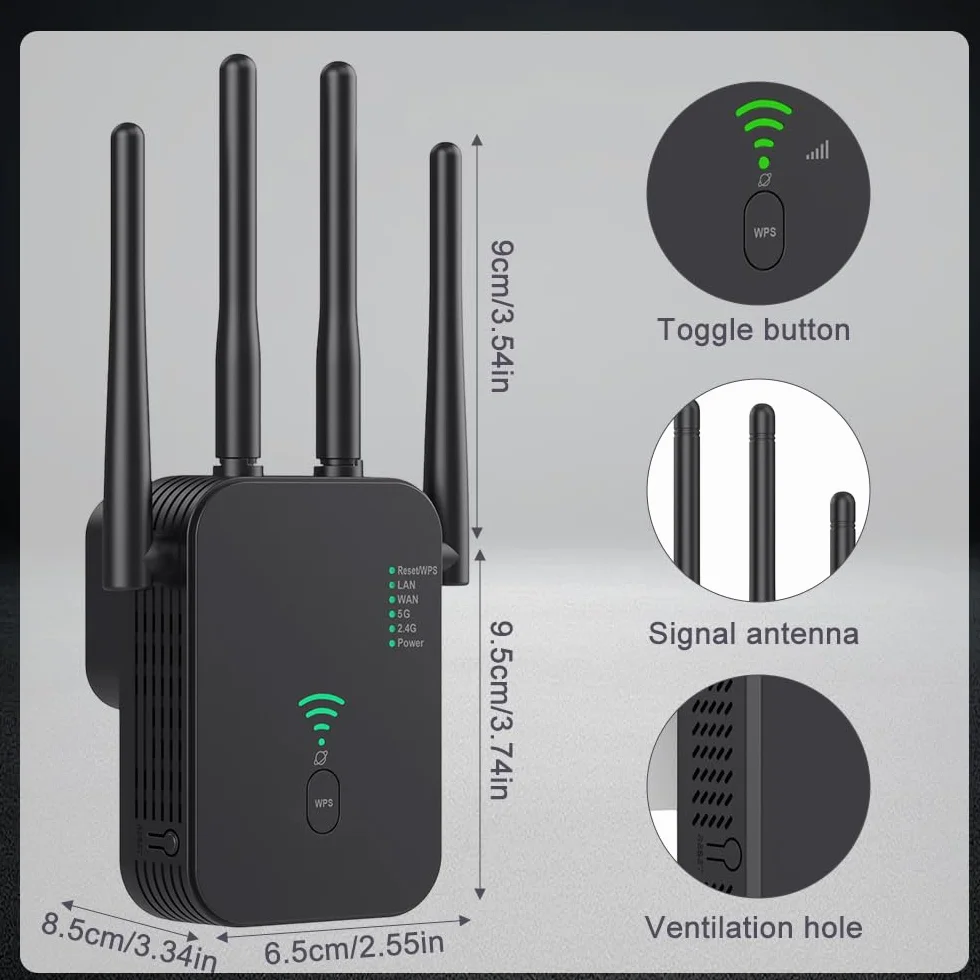 Wzmacniacz Wi-Fi, wzmacniacz sygnału WiFi, wzmacniacz sygnału WiFi, 2,4 GHz + 5 GHz WiFi Booster z repeaterem, kompatybilny ze wszystkimi routerami z 1 portem WAN, 1 portem LAN, obsługa WPS
