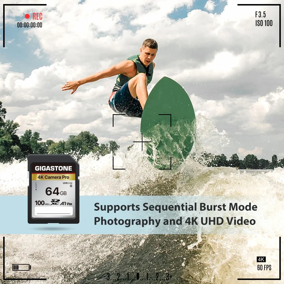 Gigastone 64GB 2-pakowa karta SD V30 SDXC Karta pamięci High Speed ​​4K Ultra HD UHD Zgodna z aparatem cyfrowym Canon Nikon Sony Pentax Kodak Olympus Panasonic