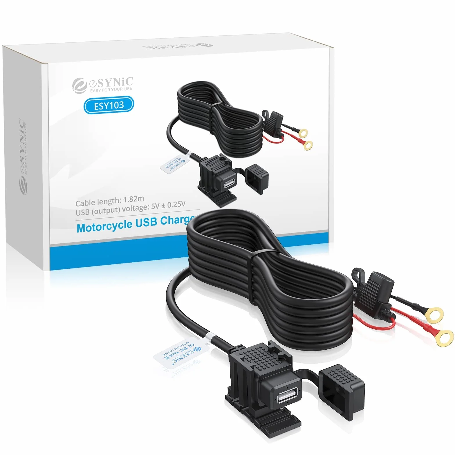 eSynic Profesjonalna ładowarka motocyklowa USB - wodoodporne gniazdo 1,82 m do telefonu, GPS, uniwersalna ładowarka motocyklowa 12/5 V