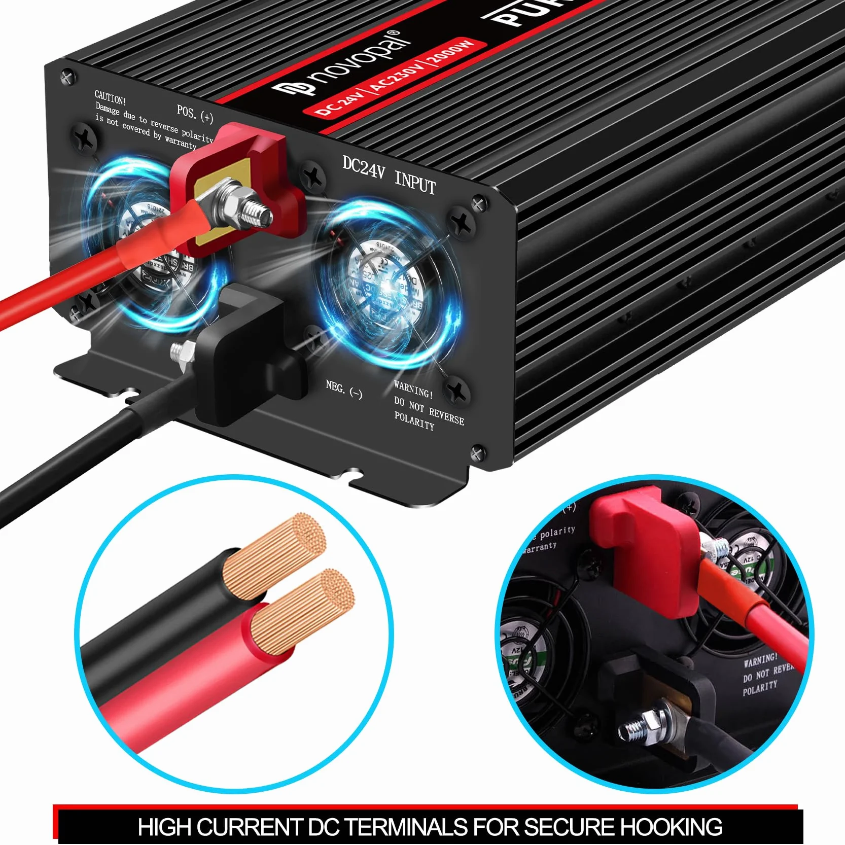 NOVOPAL Przetwornica napięcia, 2000 W, 24 V na 230 V, czysta sinusoidalna przetwornica napięcia, z pilotem zdalnego sterowania 5 m i portami USB, do kampera, samochodu, na kemping