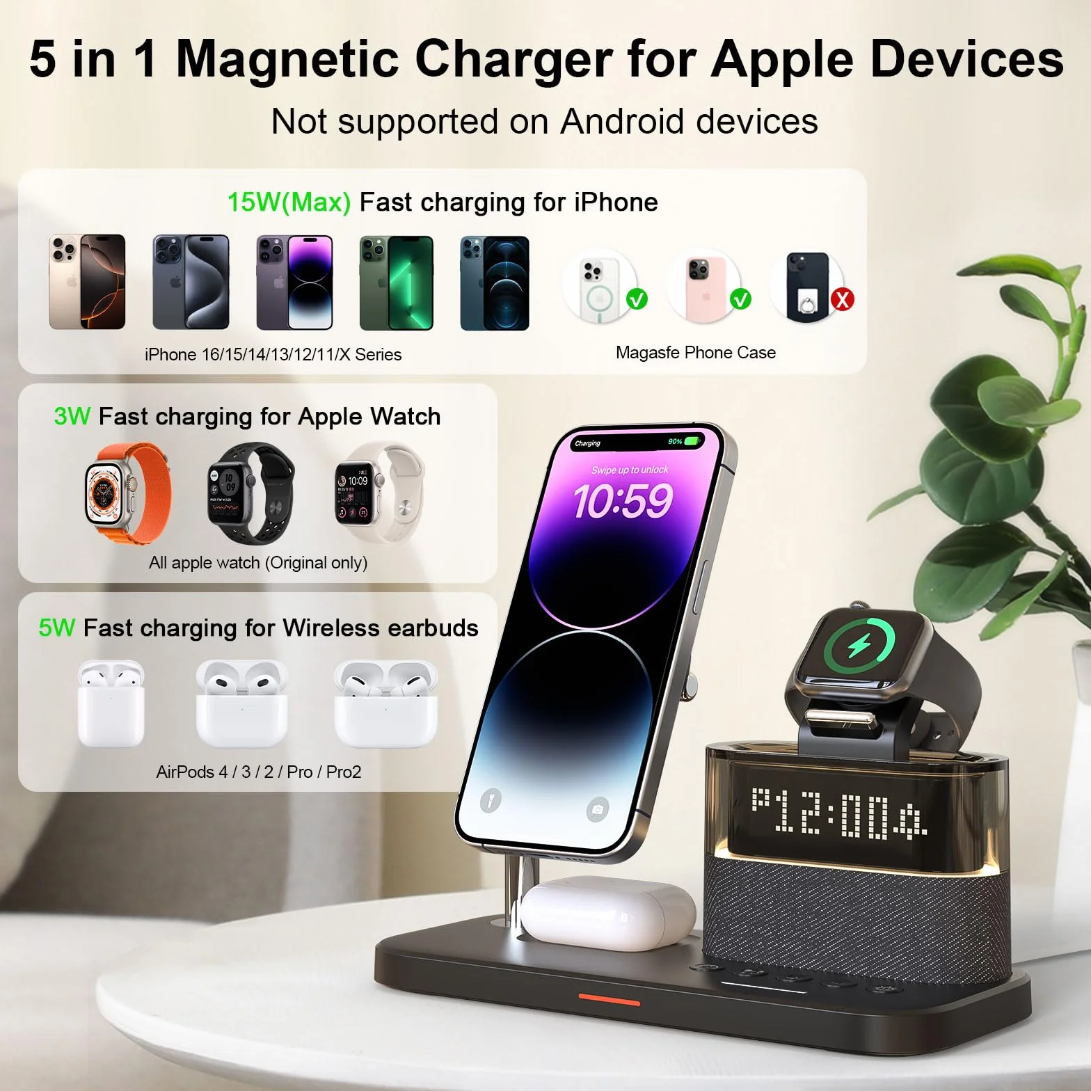 Bezprzewodowa Ładowarka 5-w-1 z Budzikiem i Lampką Nocną – Stacja Ładująca do iPhone 17 16 15 14 13 12 Pro Max, Apple Watch i Słuchawek (AirPods) Czarny