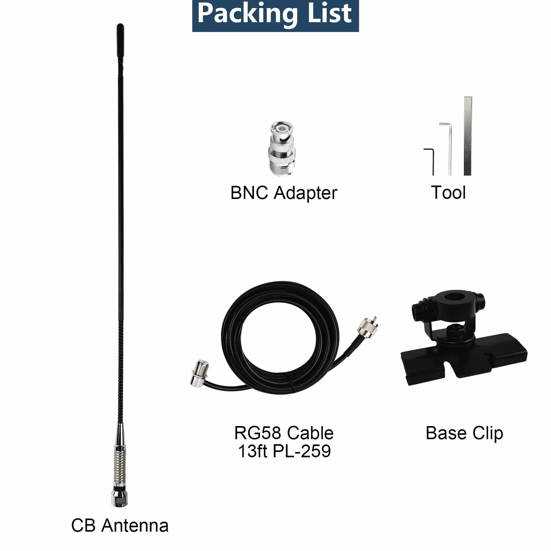 Zestaw anteny radiowej CB 27 MHz z podstawą do montażu na klips, kabel RG-58 o długości 4 m i złączem PL-259 BNC – mobilna antena biczowa dalekiego zasięgu do samochodów osobowych, pickupów