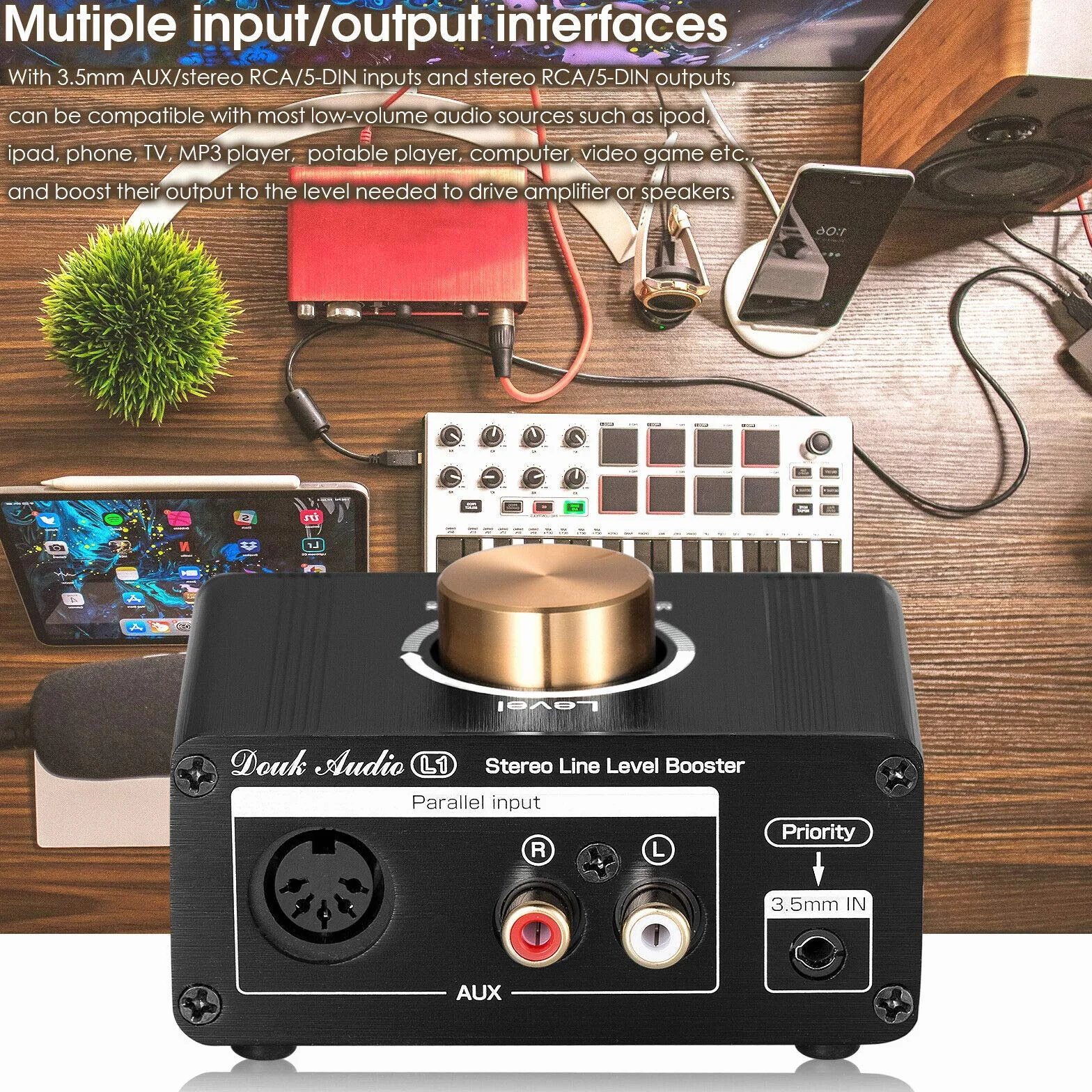 Mini wzmacniacz liniowy stereo boost preamplifier audio dla MP3, iPod, iPad, iPhone, wzmocnienie 20dB + regulator głośności
