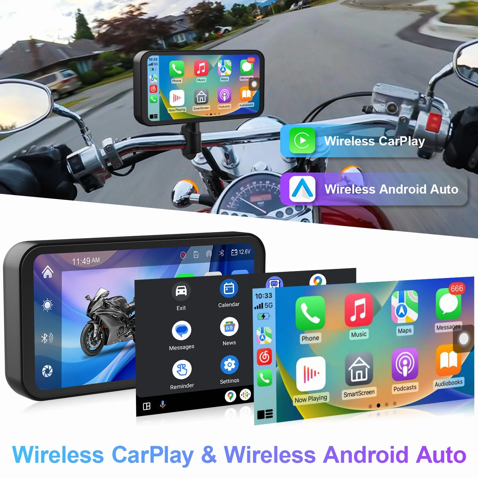 Przenośny rejestrator motocyklowy, 15.9 cm bezprzewodowy ekran dotykowy CarPlay i Android Auto z kamerą samochodową 1080P HD z przodu i z tyłu, podwójny Bluetooth, karta TF 128 GB
