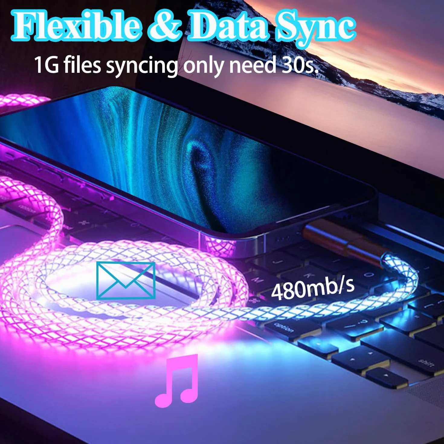 66 W 3 w 1 podświetlany kabel do ładowania LED, świecący przewód do szybkiego ładowania RGB, kabel micro USB do telefonu, Samsung Galaxy, Huawei, Android, Sony Xperia (4FT)