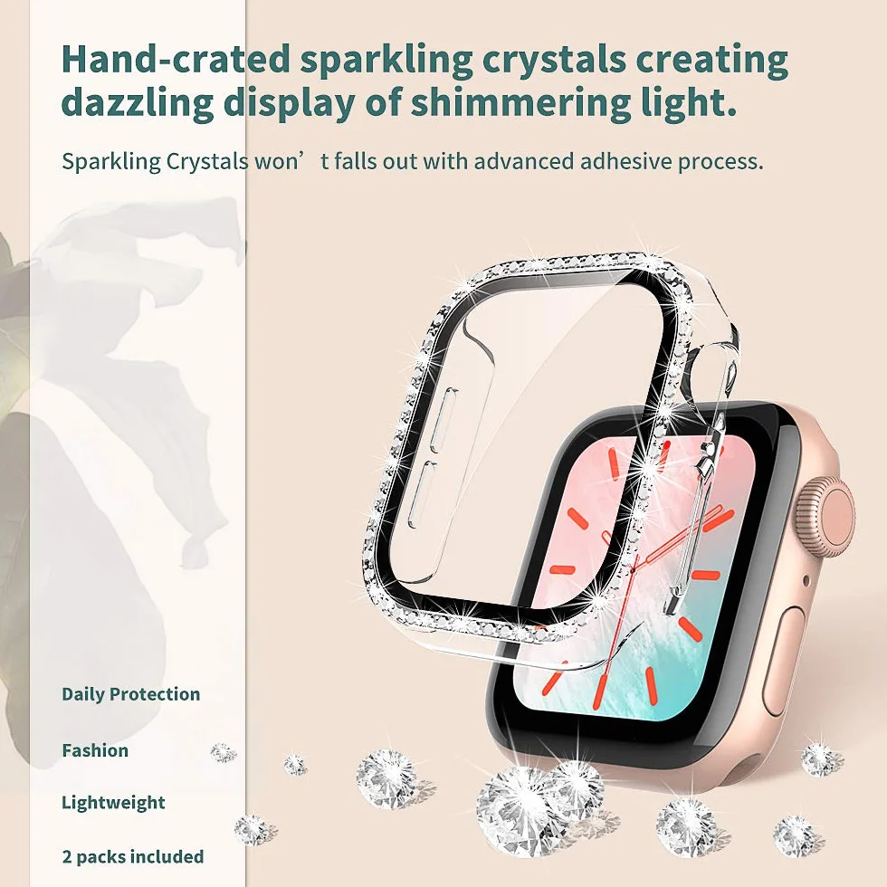 TOCOL 2-pak etui kompatybilne z Apple Watch Series 6/5/4/3/2/1/SE, osłona ekranu ze szkła hartowanego, diamentowa osłona twarzy