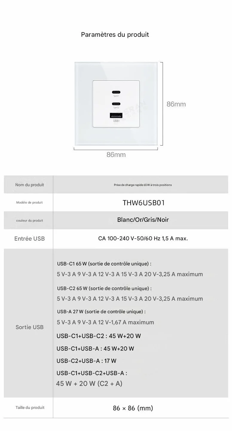 GaN Panel ze szkła hartowanego 3 w 1 65 W ultraszybkie ładowanie Gniazdko ścienne typu 86 Typ-C USB Ładowarka do telefonu komórkowego do komputera Opakowanie 5 szt