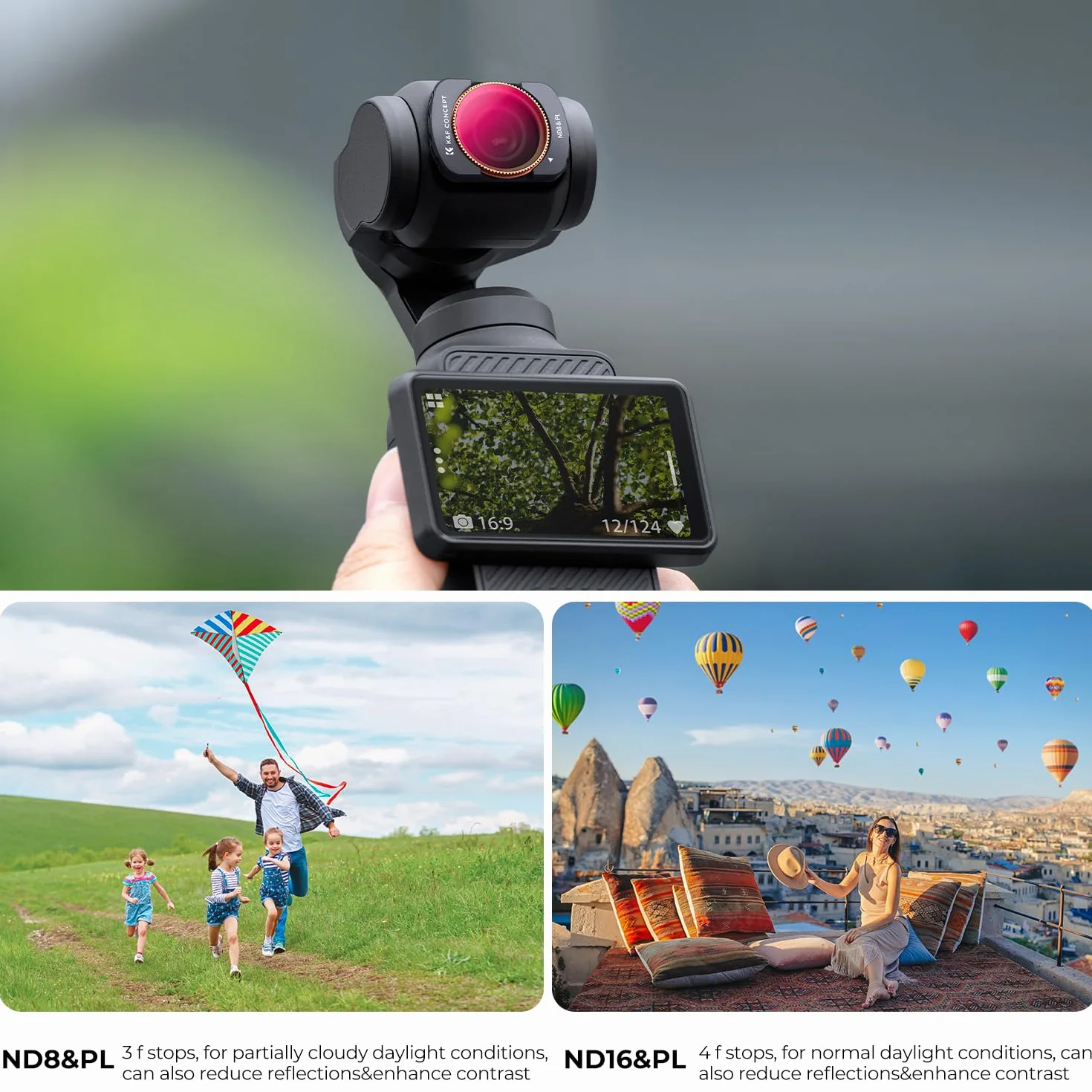 K&F Concept 4-pak - ND8/PL, ND16/PL, ND32/PL, ND64/PL kompatybilny z Osmo Pocket 3, neutralna optyka kolorów, wielowarstwowe powłoki ND filtry polaryzacyjne