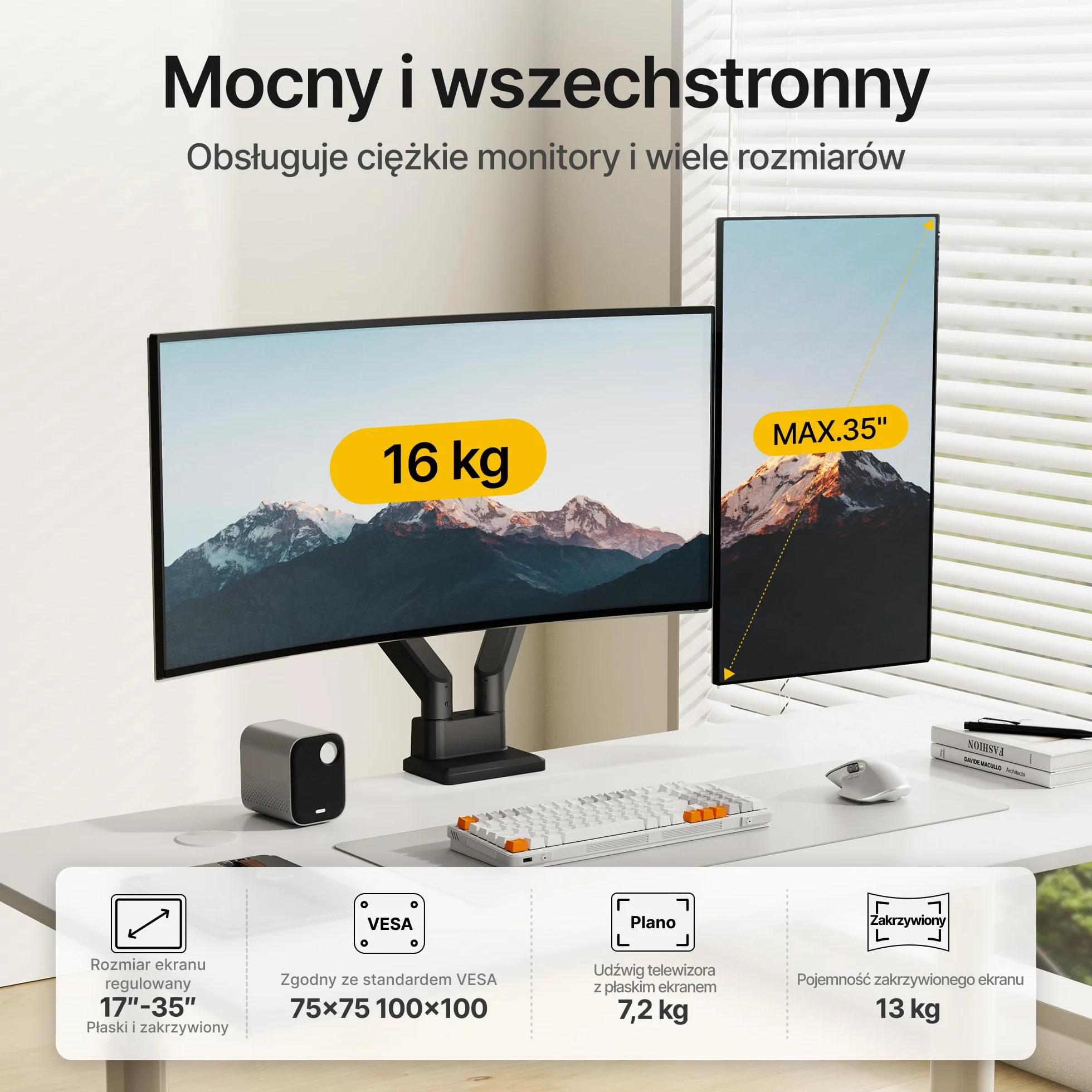 monTEK Uchwyt do monitora, 2 monitory do ekranów 17-35" | ramię monitora utrzymuje 1-16 kg, VESA 75/100, stojak na monitor z pochyleniem, wychylenie, obracanie, czarny