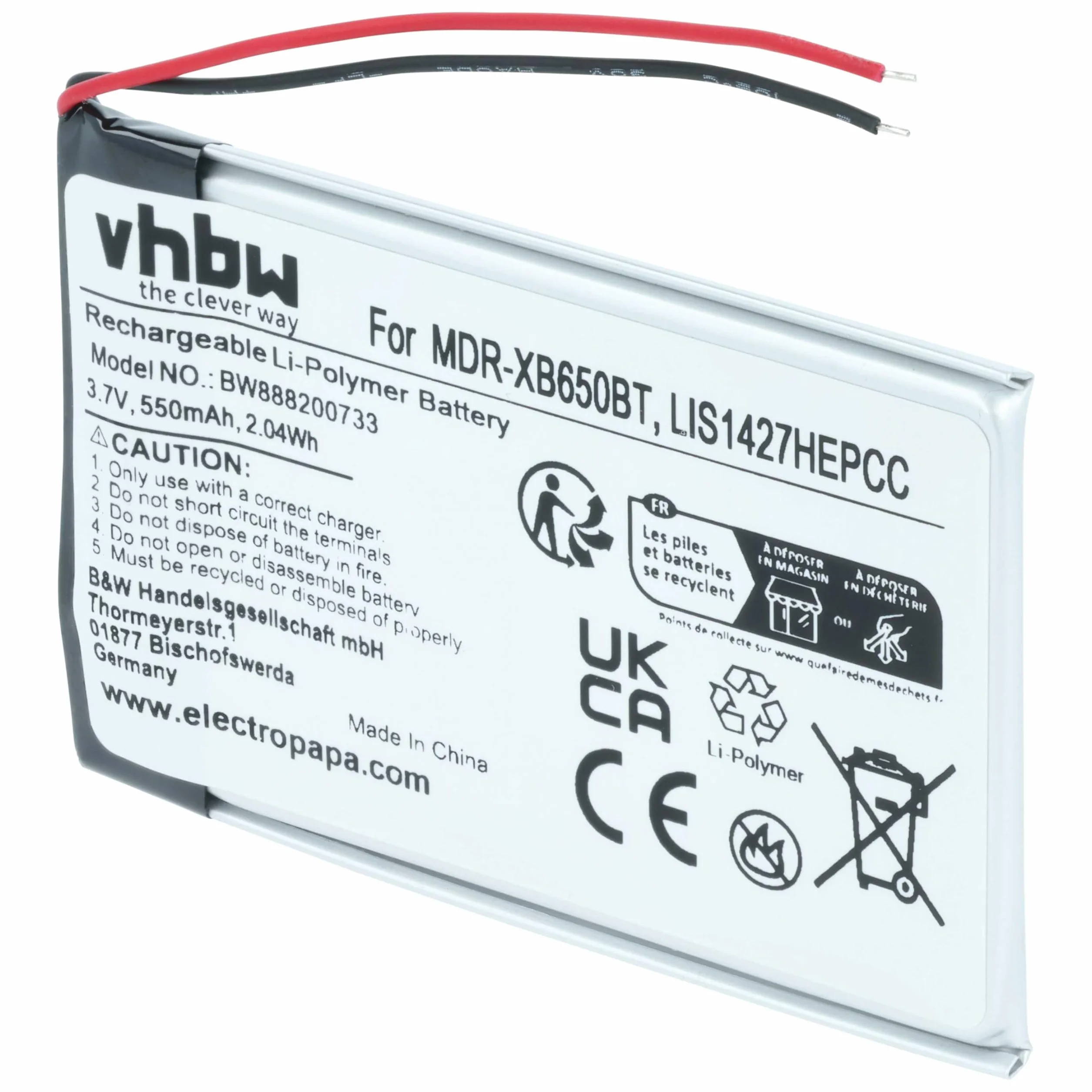 vhbw Bateria zamienna kompatybilna z bezprzewodowymi słuchawkami Sony NWZ-E463, NWZ-E464, NWZ-S764 (550 mAh, 3,7 V, litowo-polimerowy)